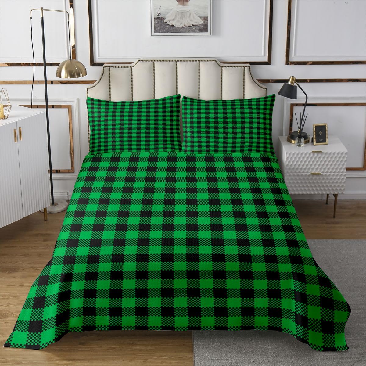 Loussiesd Copriletto a quadri per letto matrimoniale, motivo geometrico, verde e nero, set copriletto a quadretti di bufalo per tutte le stagioni, con 2 federe, in microfibra leggera