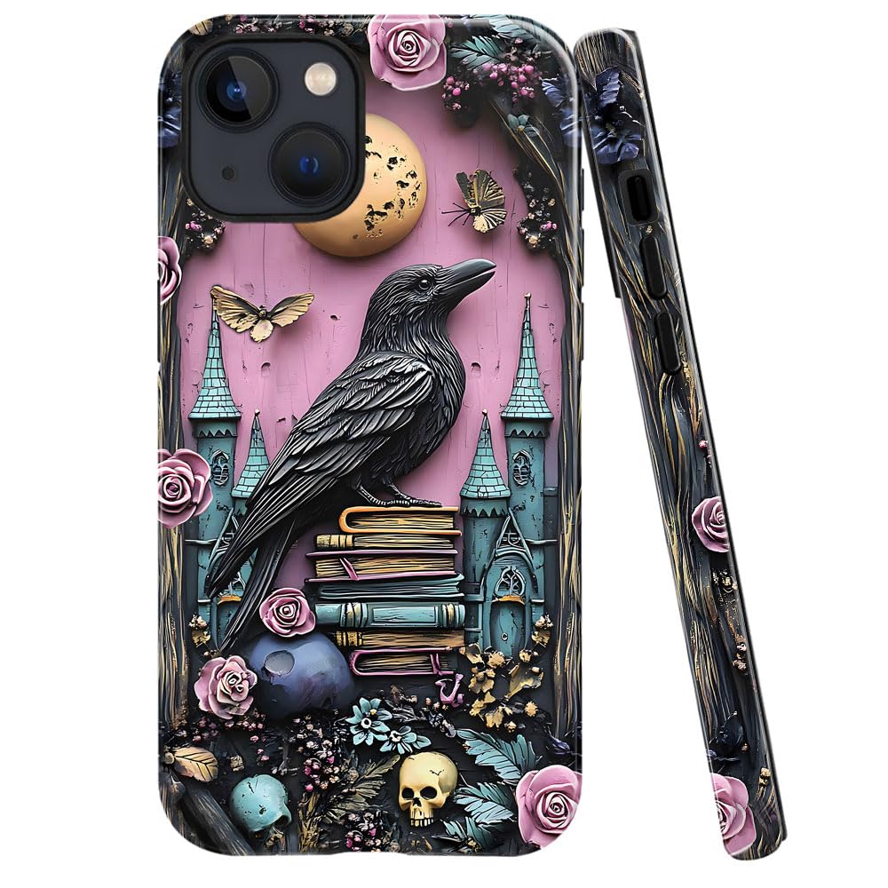 Case for iPhone 13,Fits Glossy Case Design for Girl Women,Gothic Bookshelf Skull Bird Floral Purple
