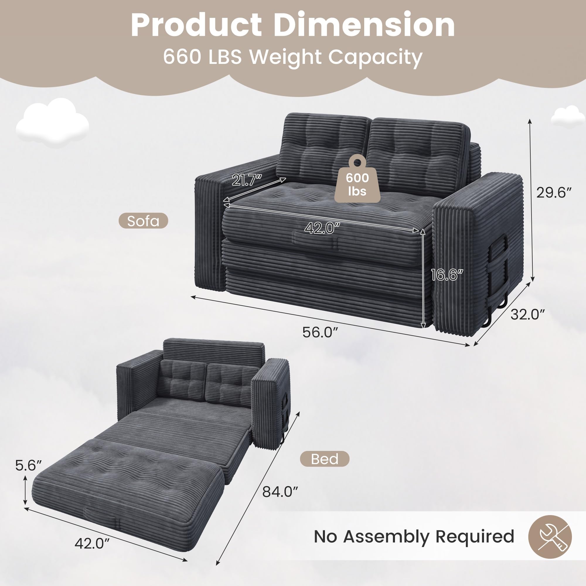 EROMMY 56" Boneless Couch Bed, Convertible Sofa Bed with Corduroy Fabric, Small Loveseat Sleeper Sofa for Small Spaces, Pull Out Futon Couch with 2 Pillows, No Assembly, Grey