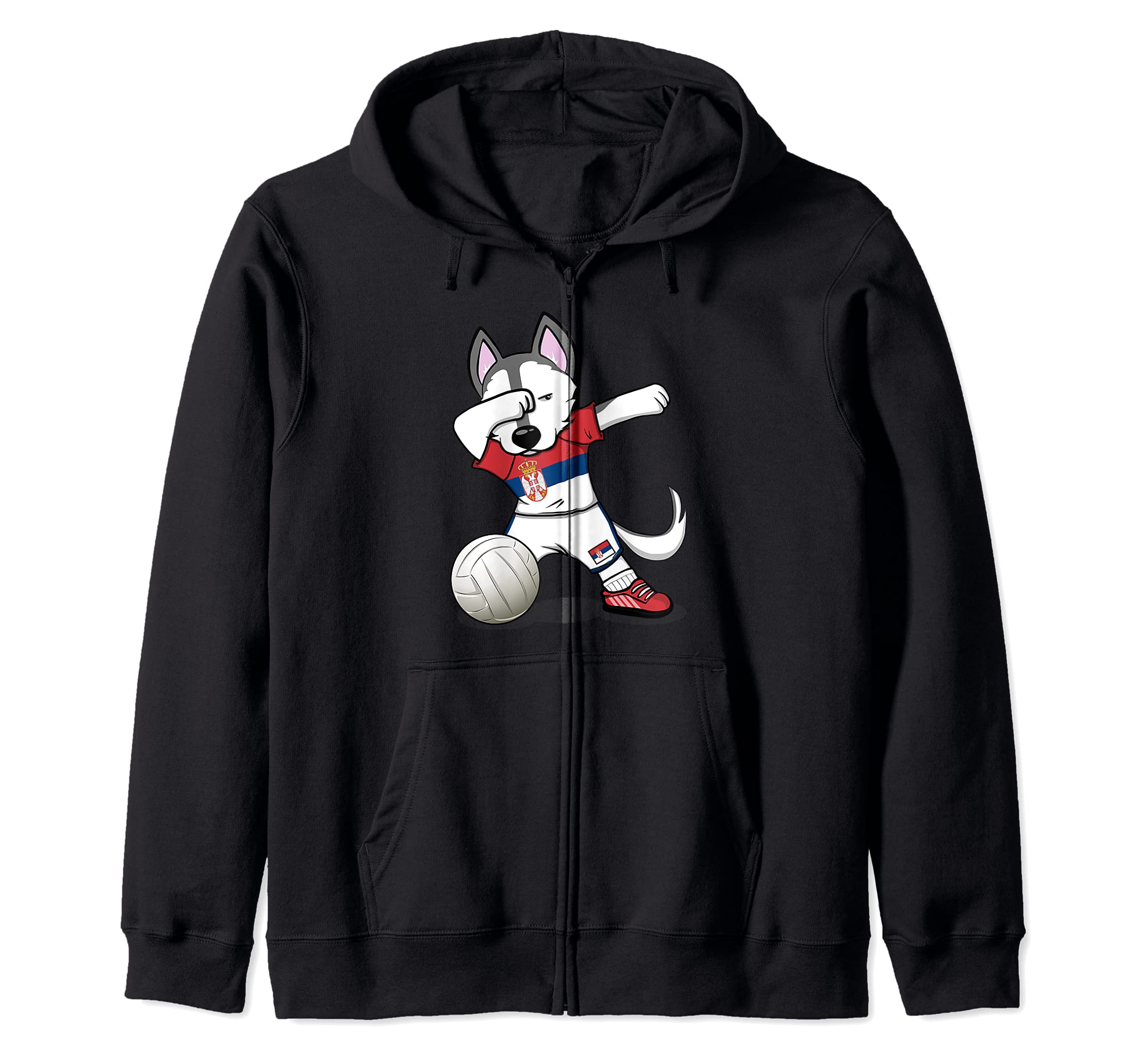 Dabbing Husky Dog Serbia Volleyball Fans Jersey Serbian Flag Zip Hoodie, Black