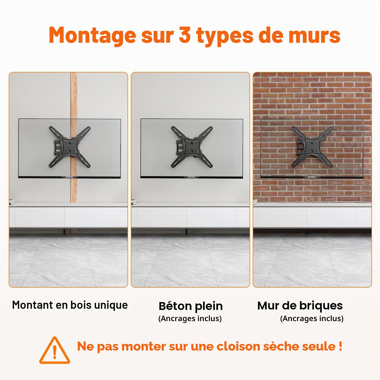 GRIFEMA Support Mural TV 26-65 Pouces - Fixation Murale TV Peut Contenir Jusqu'à 35KG, Accroche Television Mural Orientable (± 90°), Incline (+ 6°, -12°) et Étend, Support Vesa pour TV Plat/Incurvé