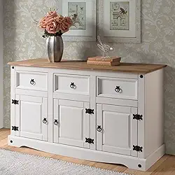 Balcão Buffet de Madeira Maciça com 3 Portas e 3 Gavetas Branco Lavado - 75,9 Alt X 125 Larg X 40 Prof - Móveis para Casa, Acabamento em Cera, Madeira Pinus Elliottis - PENSE DENTRO DA CAIXA