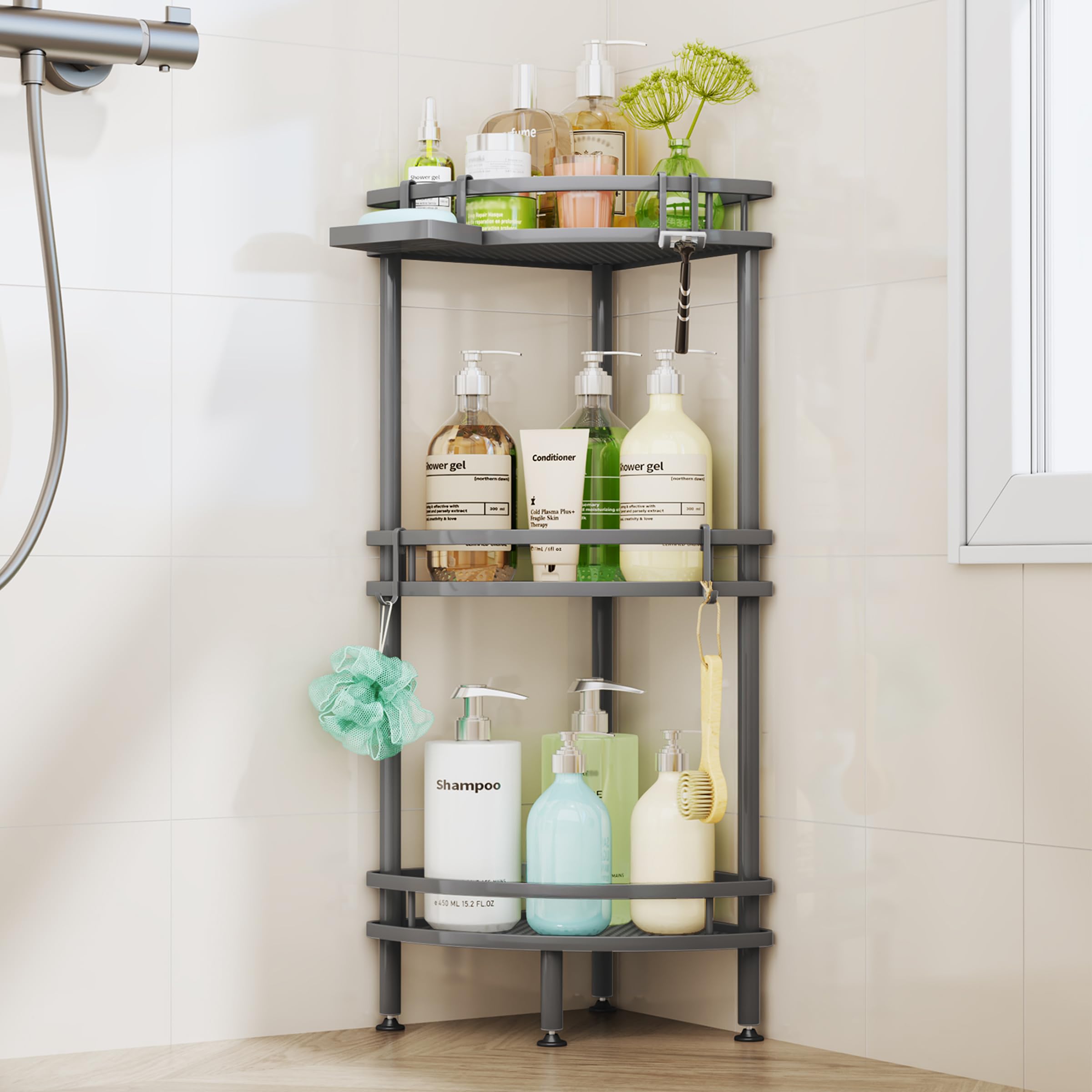 HapiRm apiRm Standing Corner Shower Caddy - 3 Tier Shower Organizer Corner with Soap Holder and 4 Hooks