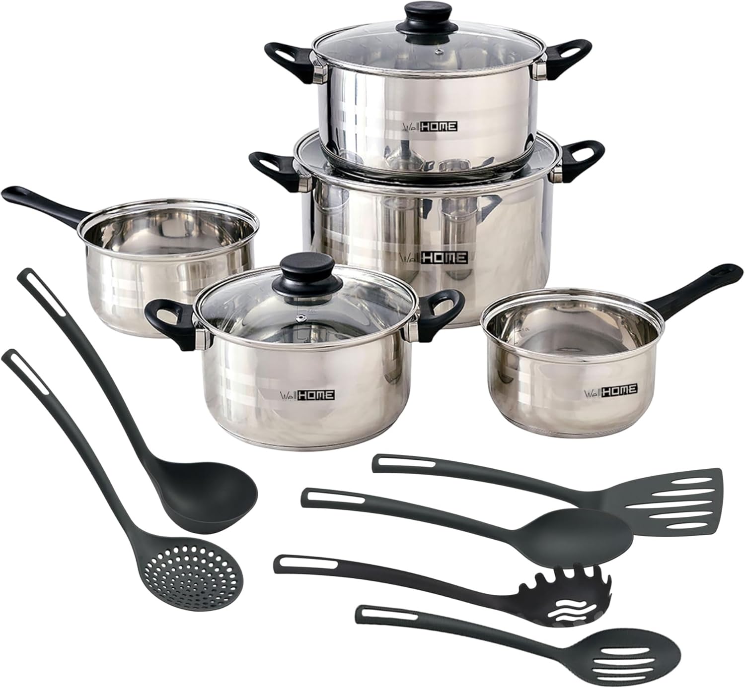 Well Home 8pc Stainless Steel Cookware Set + 6 Basic Kitchen Utensils in PBT Black