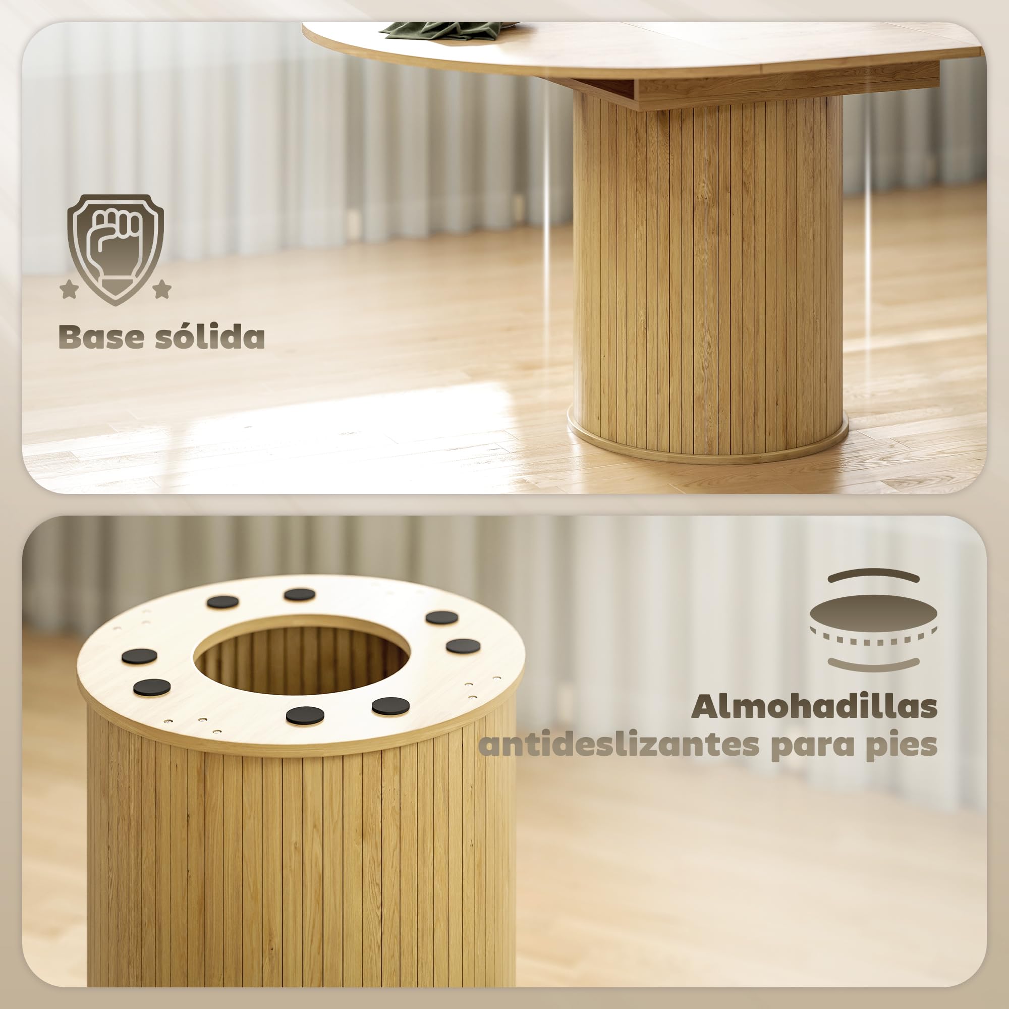 HOMCOM Mesa de Comedor Extensible Redonda, 110-150 cm, Mesa de Cocina Extensible, para 6-8 Personas, con Base Estriada Ancha, para Salón, 110-150x110x75 cm, Madera Natural