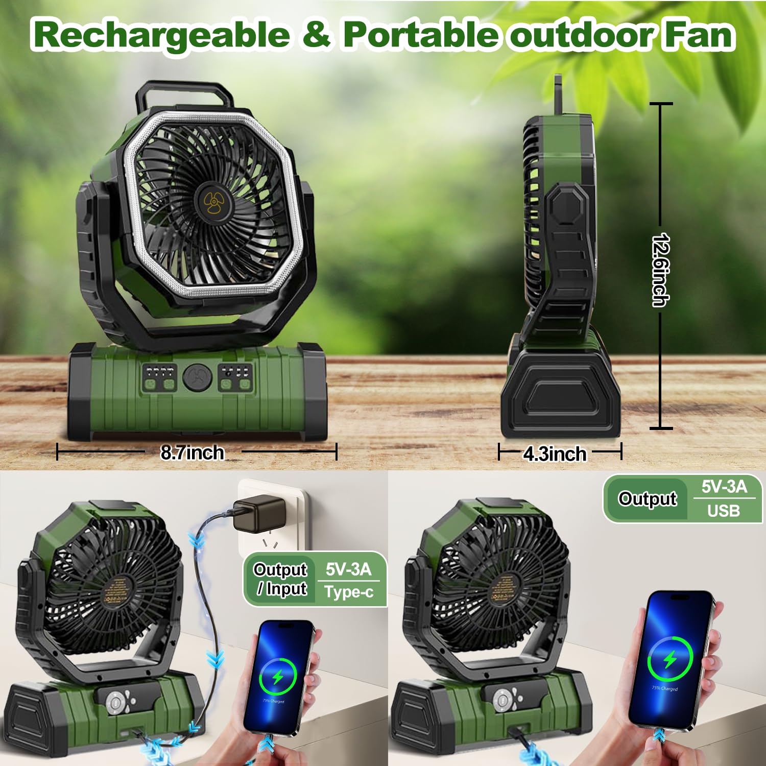 Ventilador de camping recargable, F6 20000 mAh, ventilador portátil para exteriores con linterna LED, funciona con pilas inalámbricas, gancho colgante de 360°, ventilador de escritorio de 4