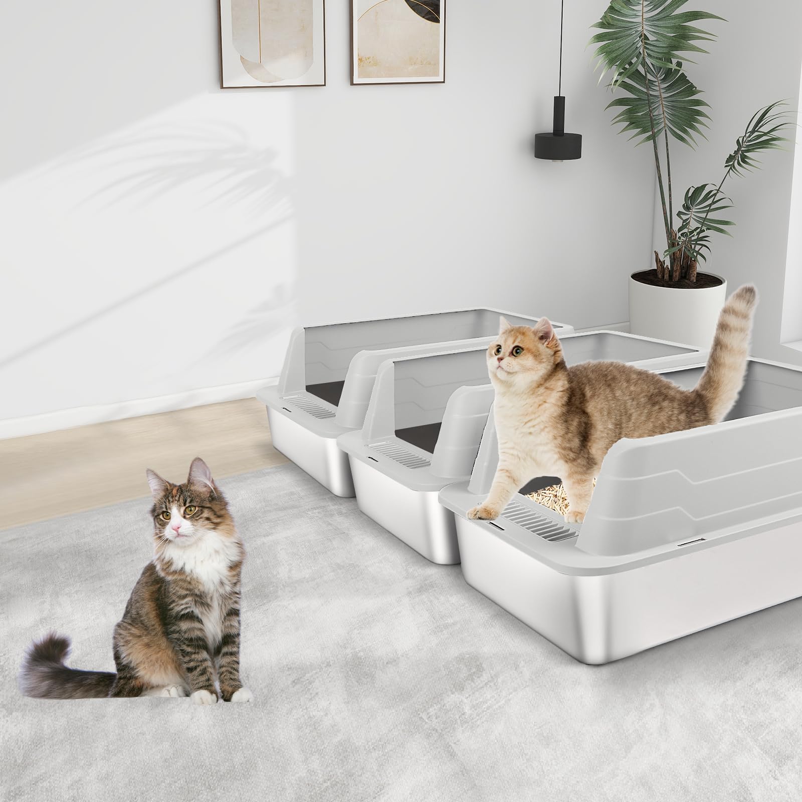 Bac à litière pour Chat en Acier Inoxydable avec Pelle, bac à litière à Bords Hauts pour éviter Les éclaboussures, sans Odeur, Non Collant, Facile à Nettoyer (Gris Clair, 3 unité)