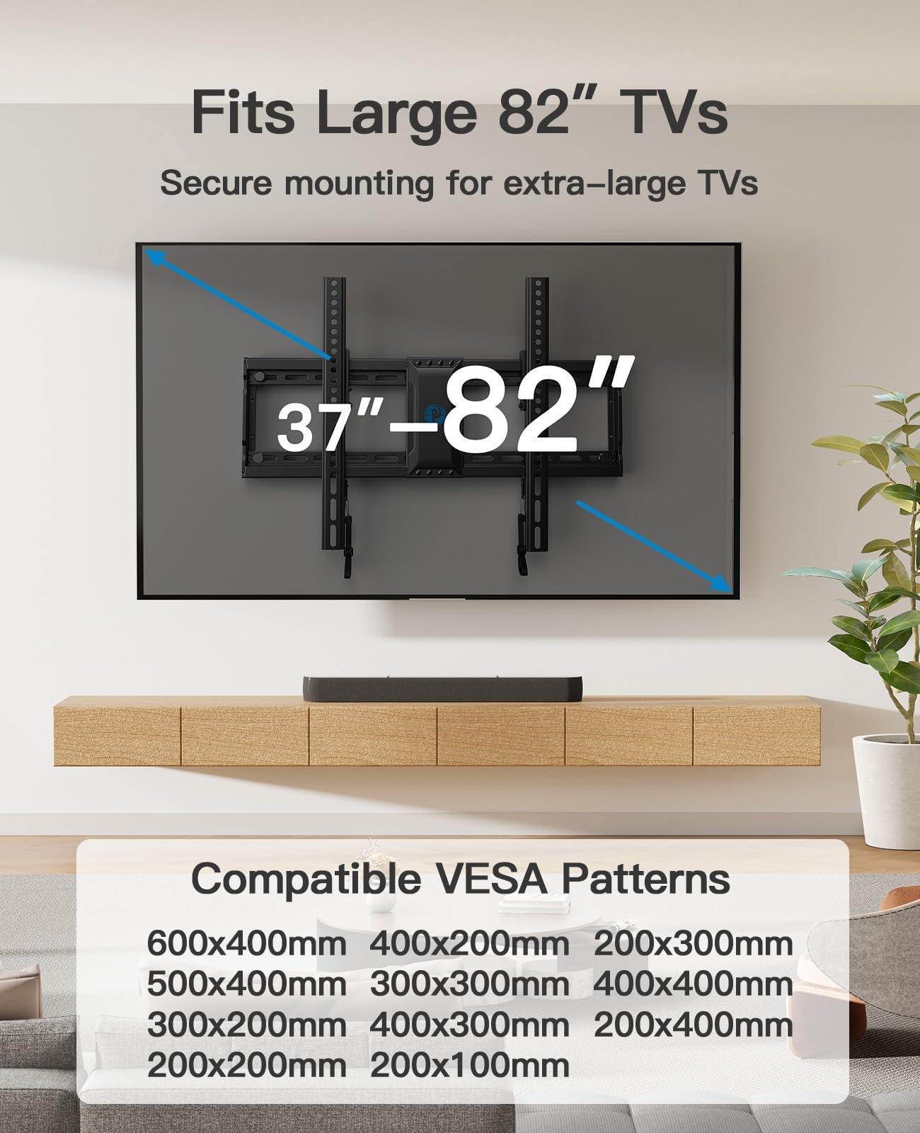 Pipishell Supporto da parete inclinabile per TV piatti o curvi da 37″-82″ fino a 59,9 kg, VESA max 600x400mm, Staffa TV per montaggio a parete con serrature a tirante, Staffa di montaggio TV per perni