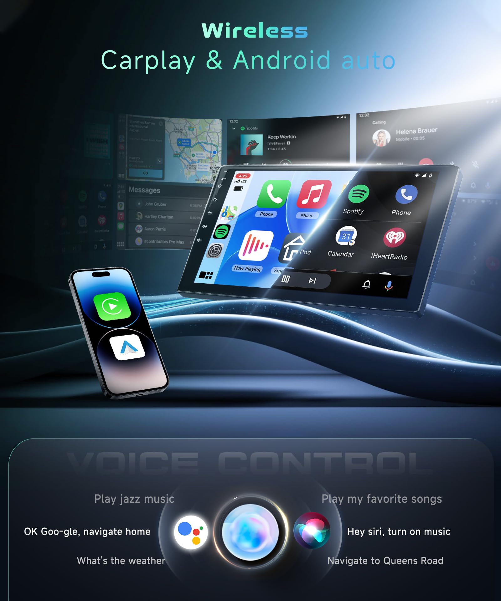 Wireless CarPlay and Android Auto interface with voice control options