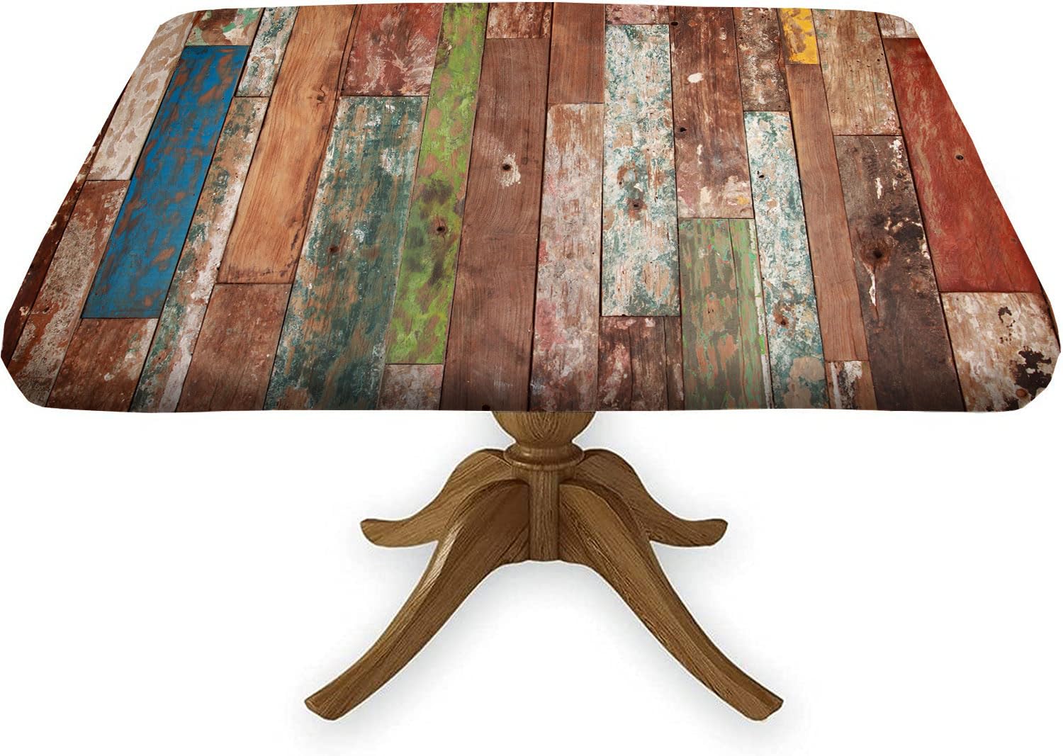 Wooden Brown Square Fitted Tablecloth, Wood Rustic Planks Barn Door Dust & Wrinkle Proof Elastic Edge Table Cover, for Spring Summer Fall Picnic Party