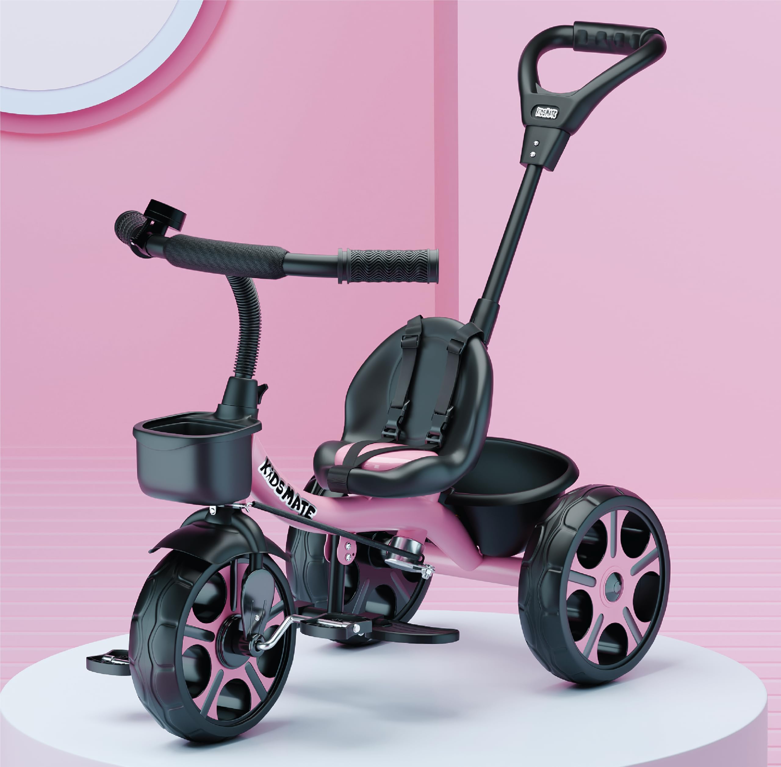 Kidsmate Junior Tricycle for Kids with Parental Control | Cycle for 1-4 Years | Baby Cycle | Bicycle with Storage Basket, Cushion Seat and Seat Belt Carrying Capacity 30 Kgs (Pink)