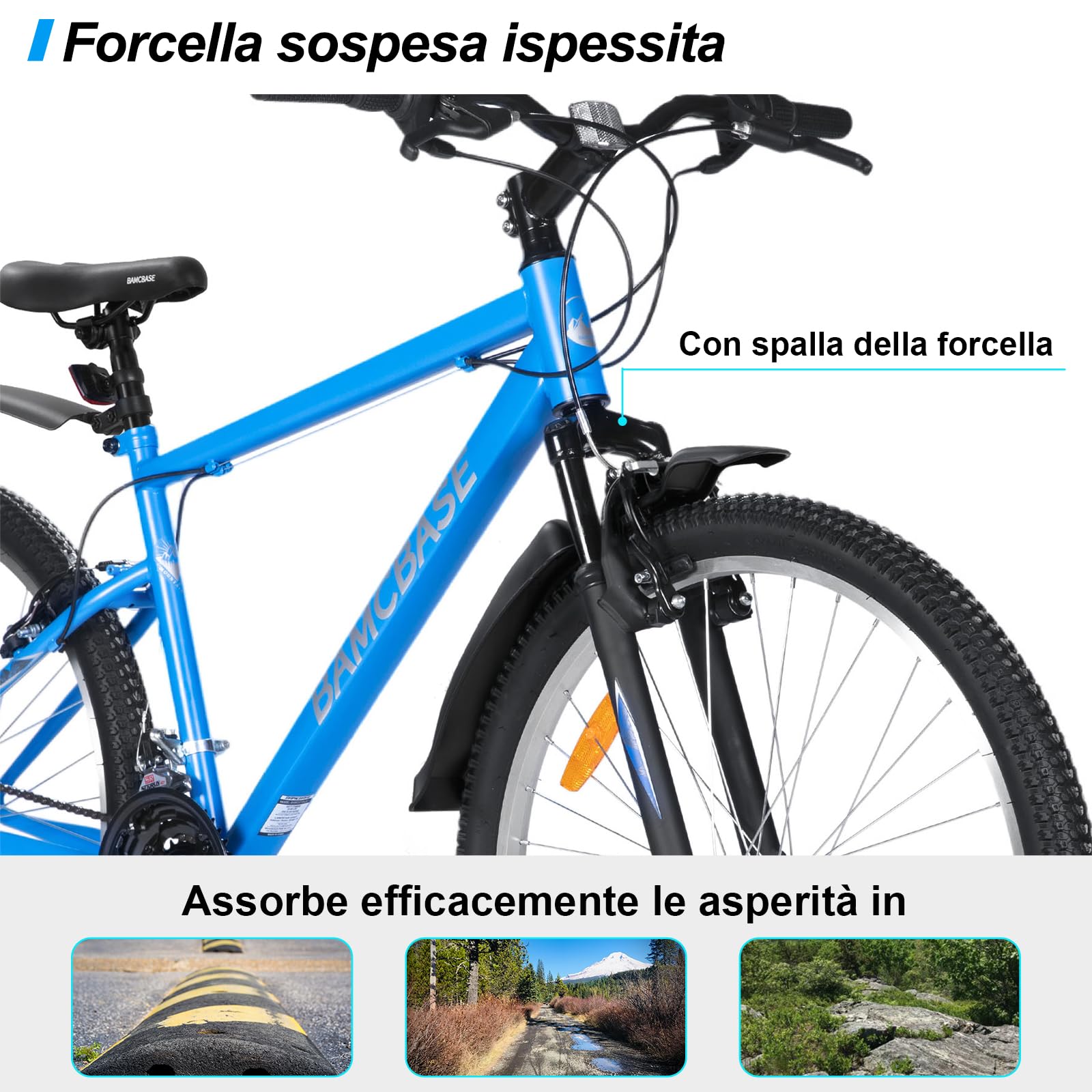 HILAND Bici Mountain per Adulti 26/27,5/29”, 21 Velocità, Bicicletta da Città e Tempo Libero per Uomo e Donna, Freni V-Brake, Nero/Blu/Grigio