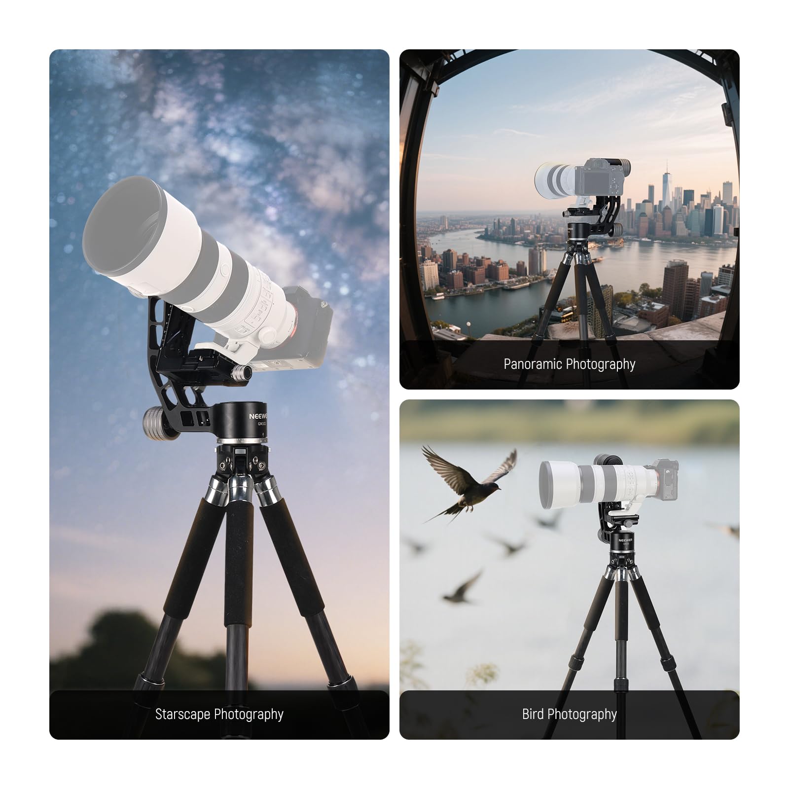 NEEWER GM102 Tête Gimbal pour Trépied Monopode Téléobjectif,Tête de Trépied Panoramique 360°,3 Axes de Réglage,Alliage d'Aluminium CNC Robuste,Système Arca Type Dégagement Rapide,Charge Max 33lb/15kg