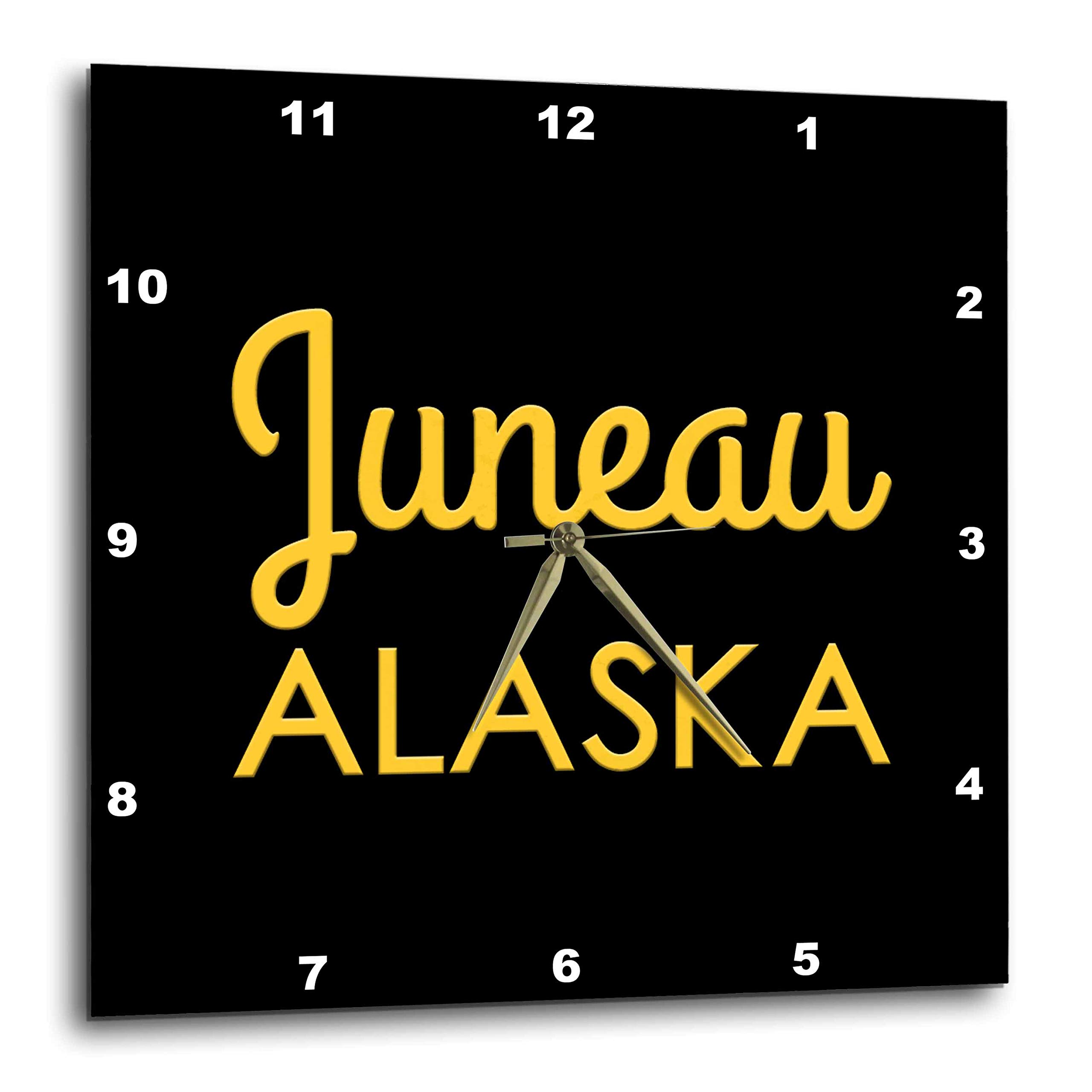 3dRose Wall Clock Silent - 13 inch - Juneau, Alaska State. United States Patriot Home Town Talisman - Alexis Design - American Cities Yellow on Black