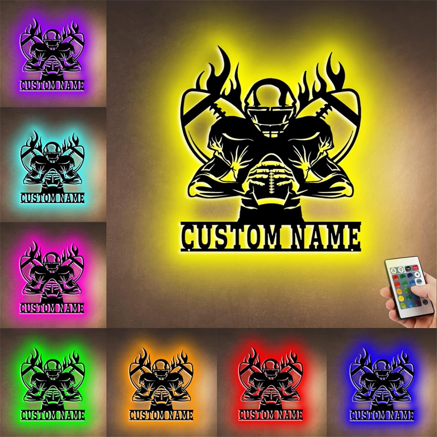 Custom Name Football Wall Decor Sign with RGB Color Changing LED Personalized Football Player Night Light Rugby Sport Room Decor Gift for Boy Girl