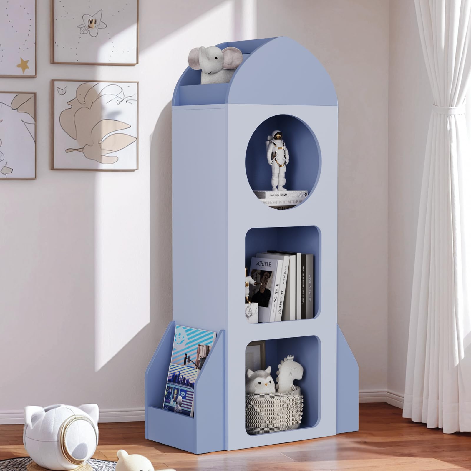 Clevich Bibliothèque pour Enfant, 120 × 60 × 31 cm, étagère pour Chambre d'enfant, étagère à Jouets, avec 3 Niveaux, 2 latérales, Motif fusée pour garçons et Filles