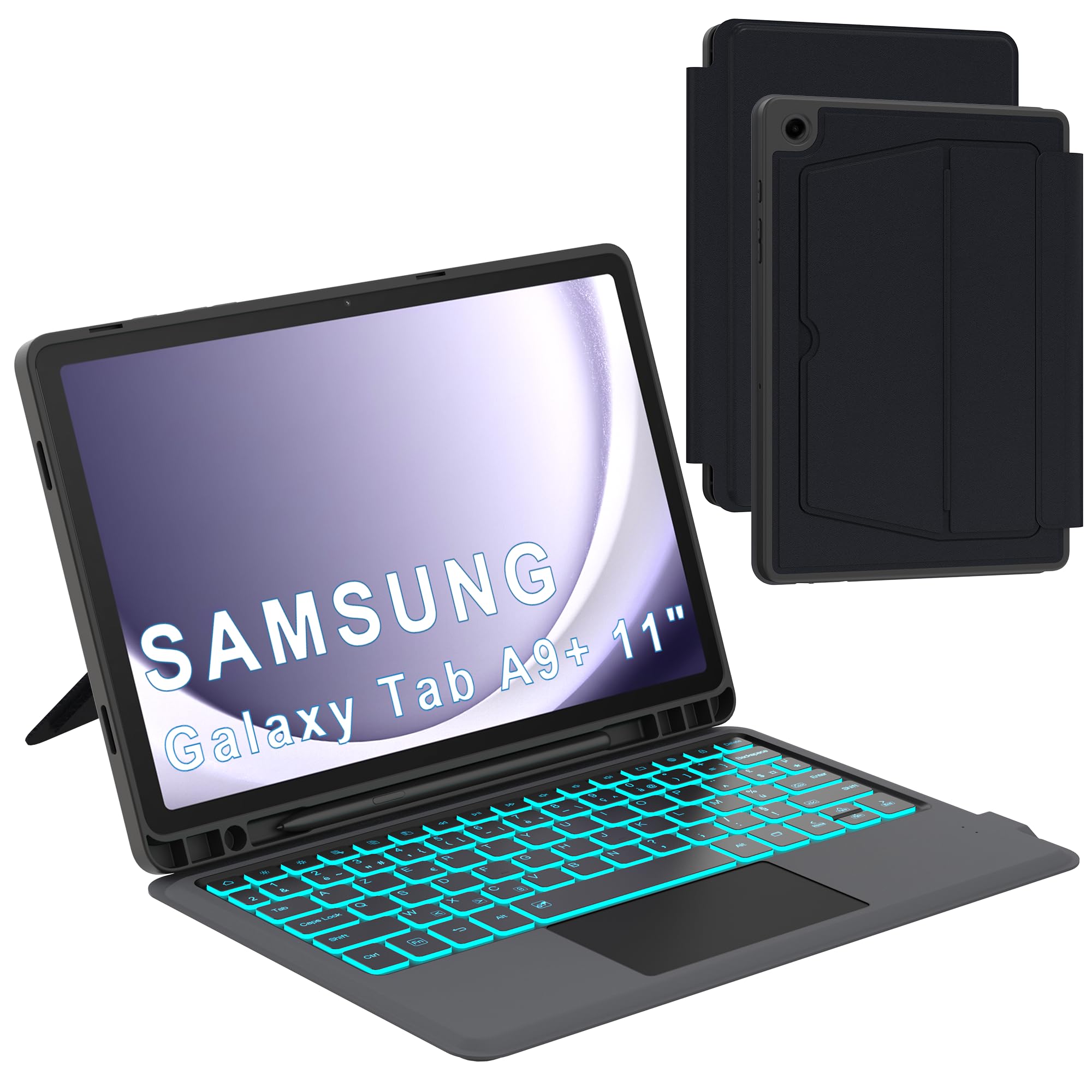 Custodia tastiera AZERTY francese per Samsung Galaxy Tab A9+ Plus 11 pollice 2023 | Retroilluminato 7 Colori Touchpad, Rimovibile, Magnetico, Portapenne Custodia Protettiva TPU Viaggio Studente