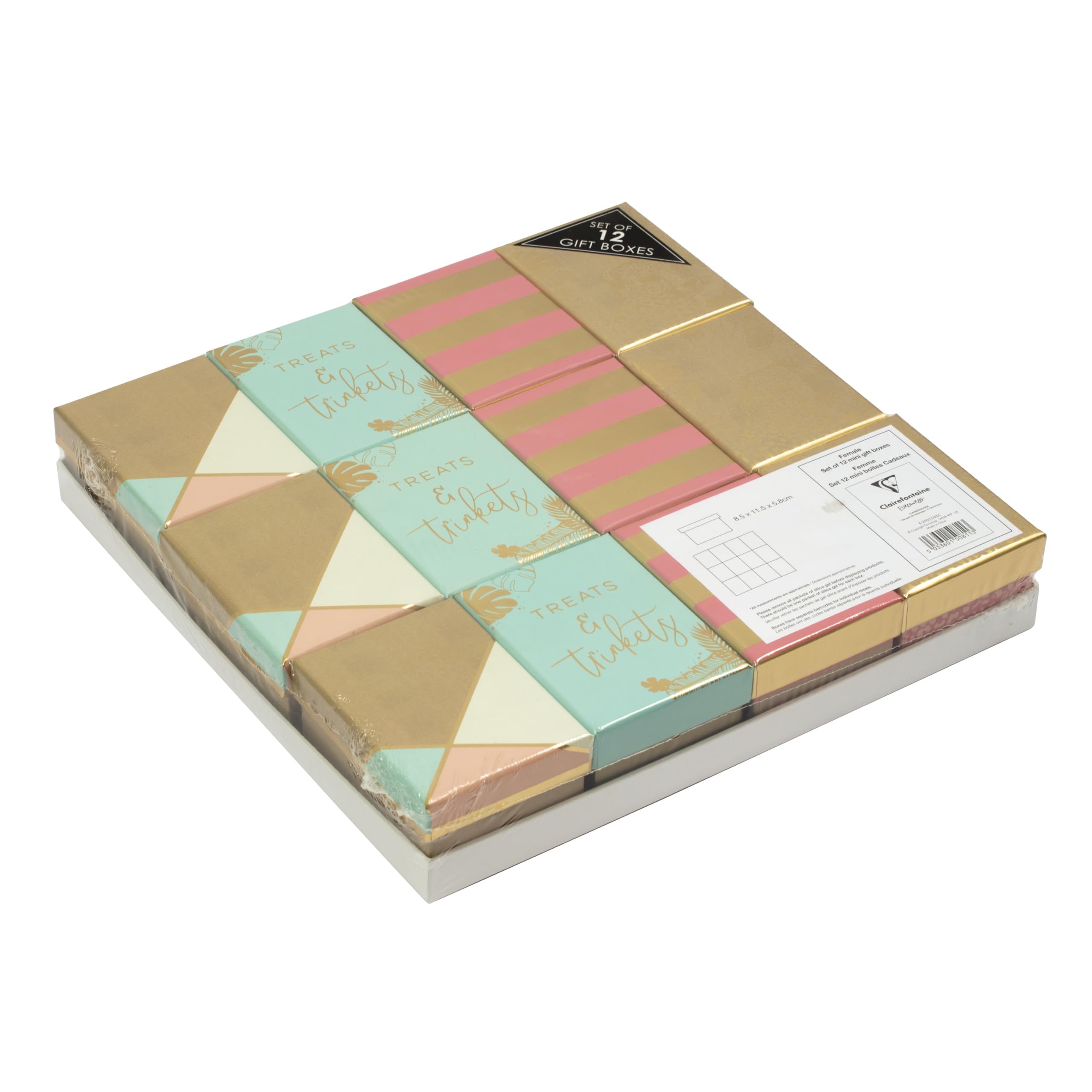 Eurowrap K-29055-BXC - Un Lot De 12 Mini Boites Assorties En Carton - Motif : Aspect Kraft, Pantère, Géométrique, Rose/Or/Bleu Pastel - Idéal Pour : Boite à Bijoux, Boite Cadeau