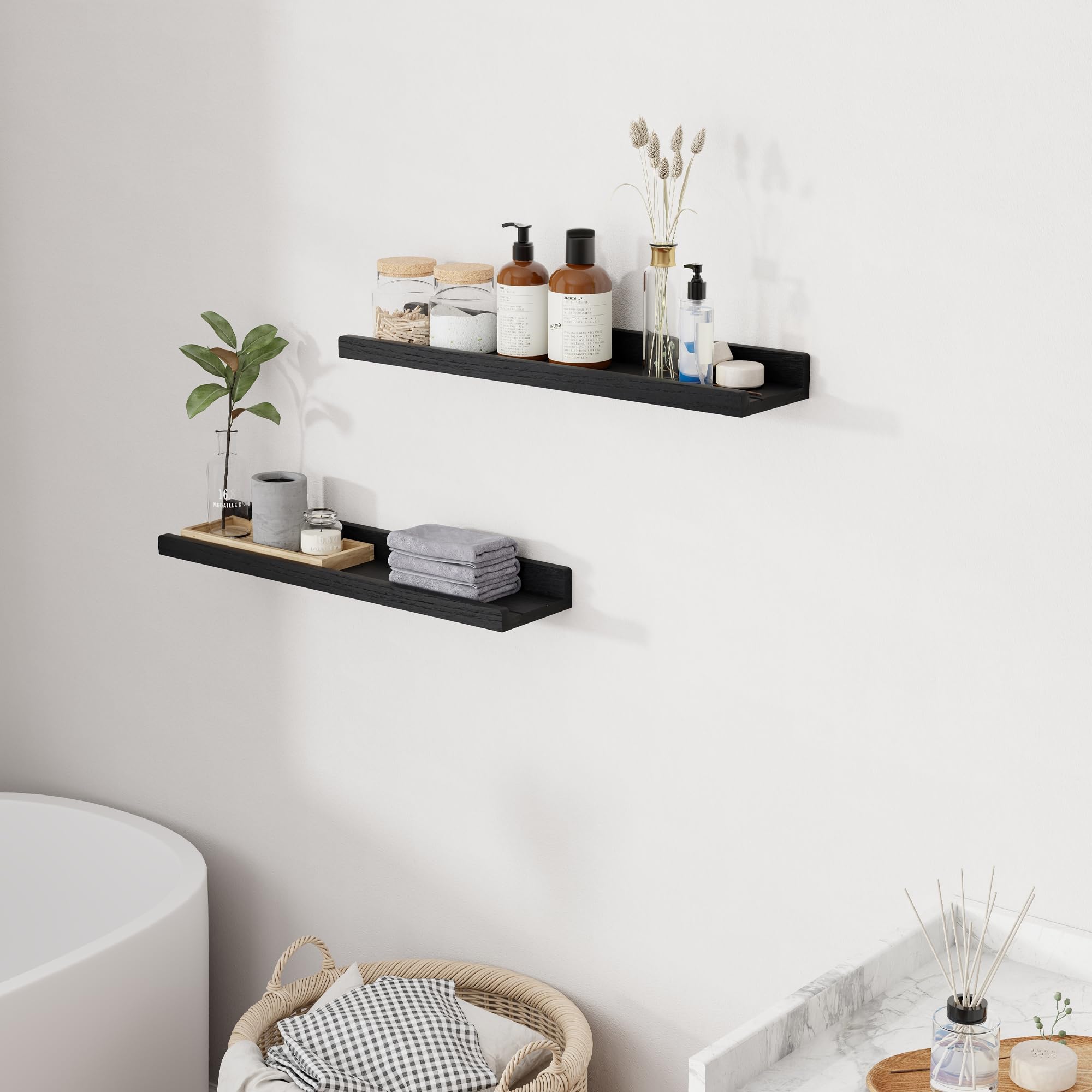 RICHFOCUS Juego de 2 estantes flotantes de madera natural de 24 pulgadas con borde para almacenamiento en pared, estantes flotantes para libros de guardería, sala de estar, baño, dormitorio, cocina,