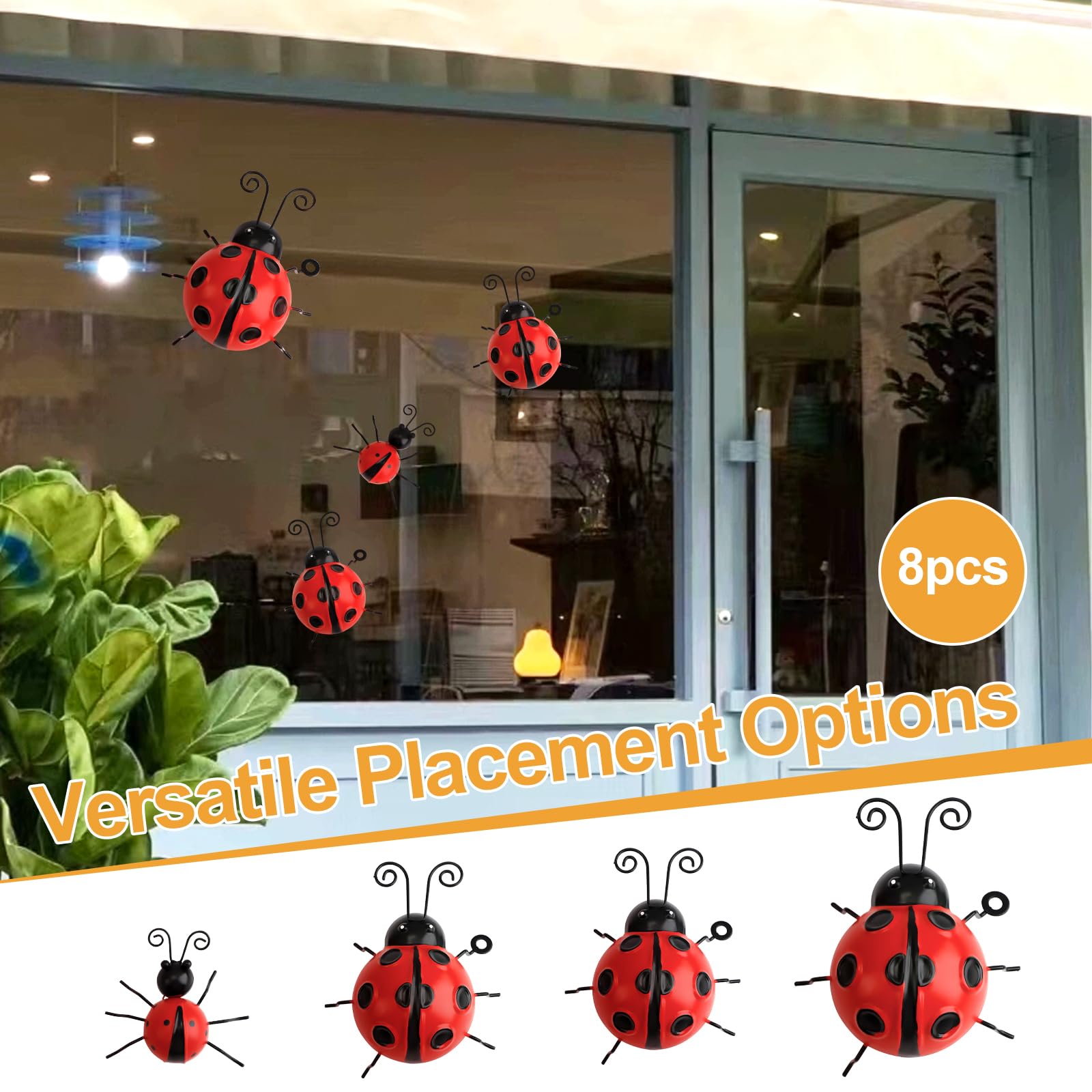 RETON 8 piezas de decoración de jardín de mariquita de metal, adornos de jardín al aire libre, lindas mariquitas arte de pared escultura 3D decoración de patio, escultura de insectos de hierro para