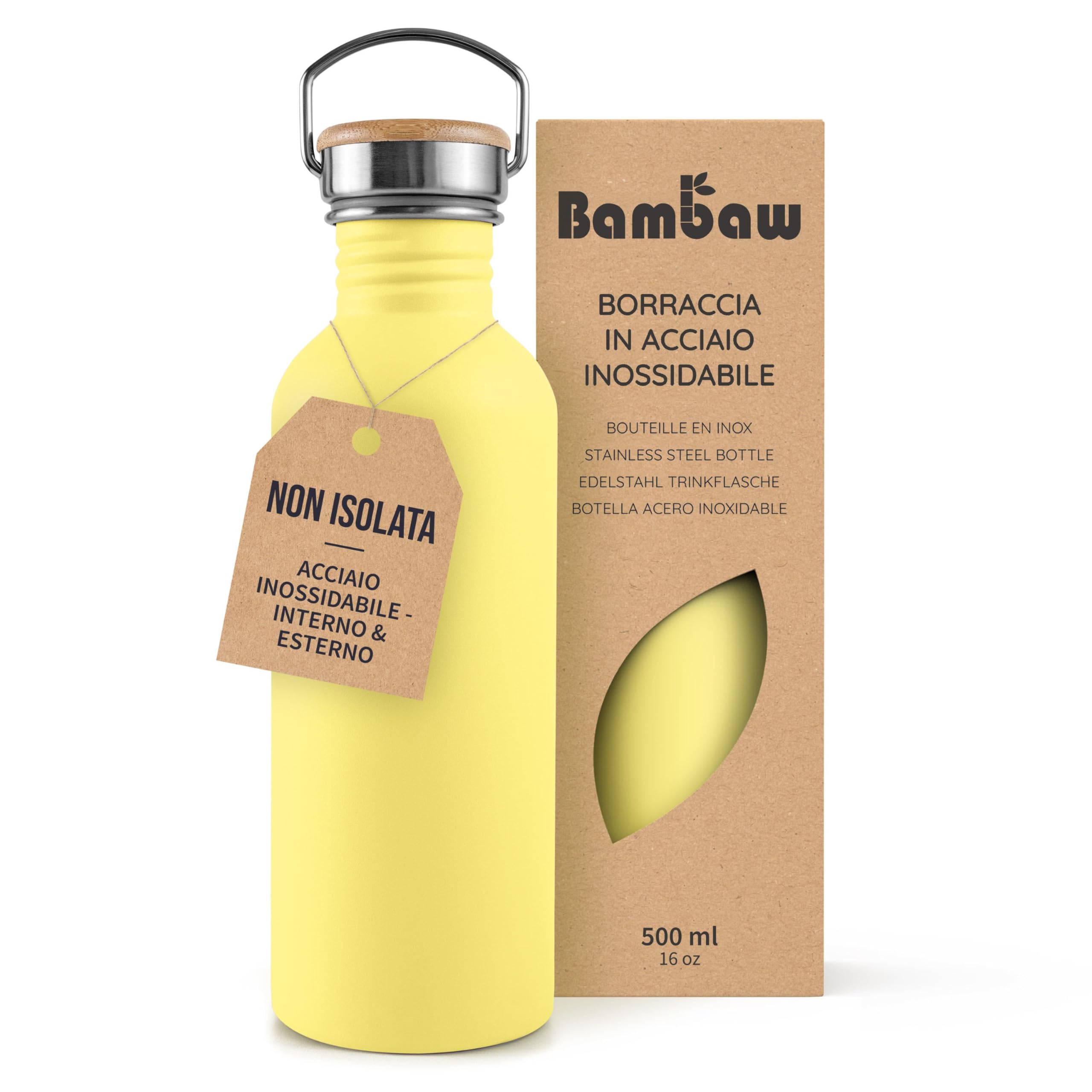 Bambaw Borraccia Acciaio Inox 500 Ml, Non Isolata Borraccia Gialla Per Acqua, Leggera, Borraccia Sportiva 500 Ml – Giallo Girasole-image