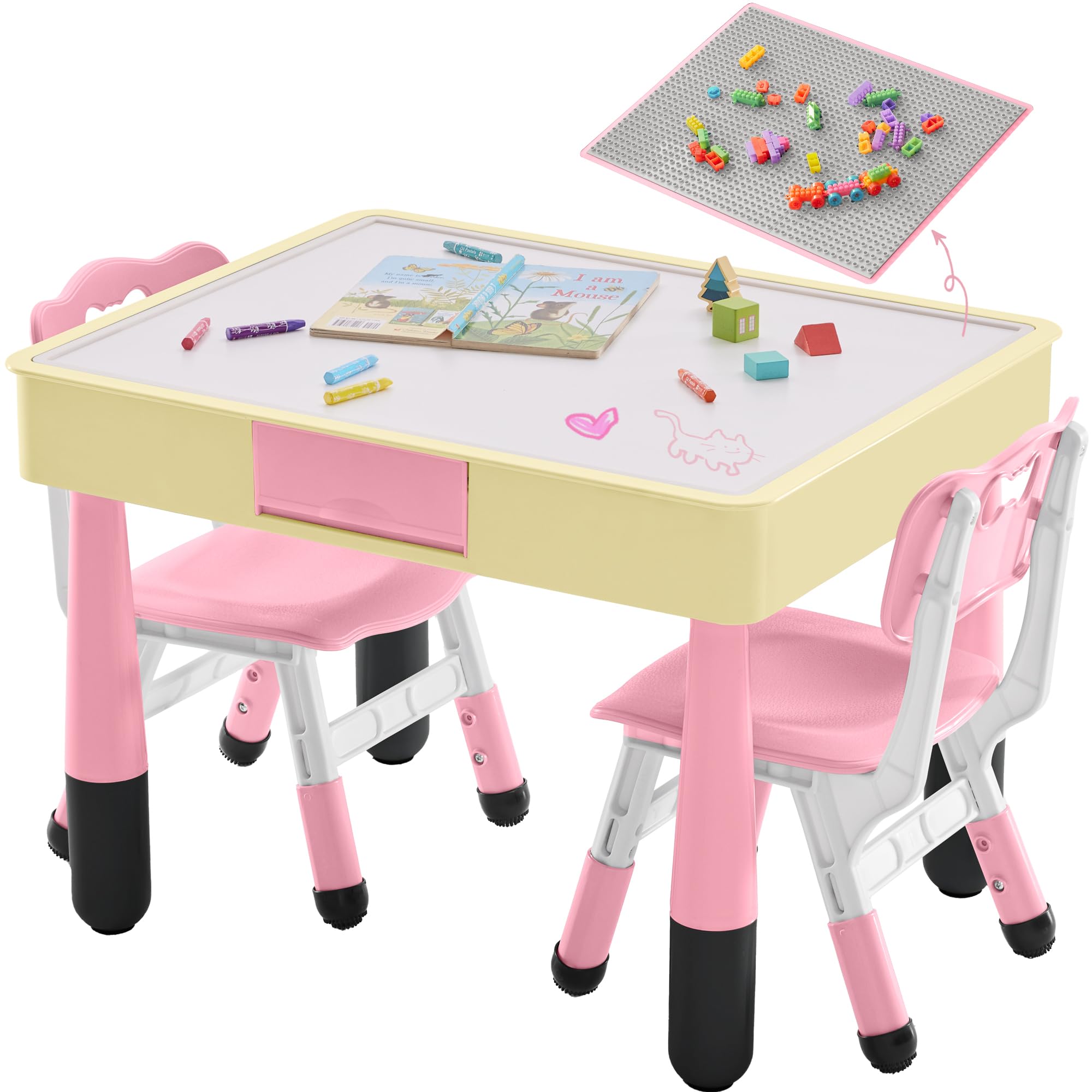 4 in 1 Kids Table and 2 Chairs Set with Storage, Toddler Table and Chair Set for Kids Ages 3-10, Graffiti & Building Blocks Double-Sided Tabletop (Pink, 2 Chairs)