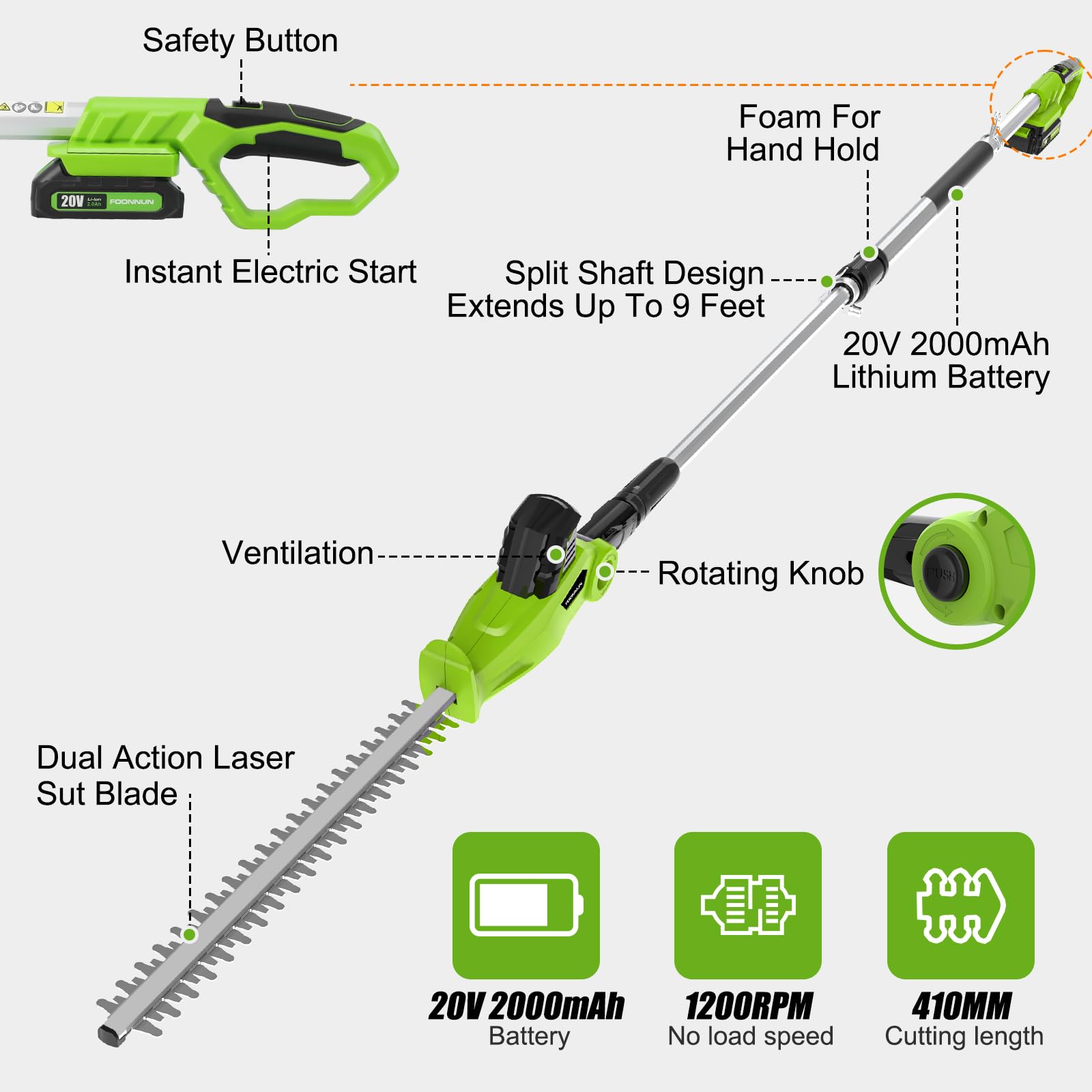 Taille Haie Télescopique Sans Fil, Taille-Haies Électrique Sans Fil 20V 2.0Ah, (Longueur: 41cm,Capacité: 16mm), Multifunktion Taille-Haies, Avec 1 Batterie Chargeur, Pole D'extension De Cutter