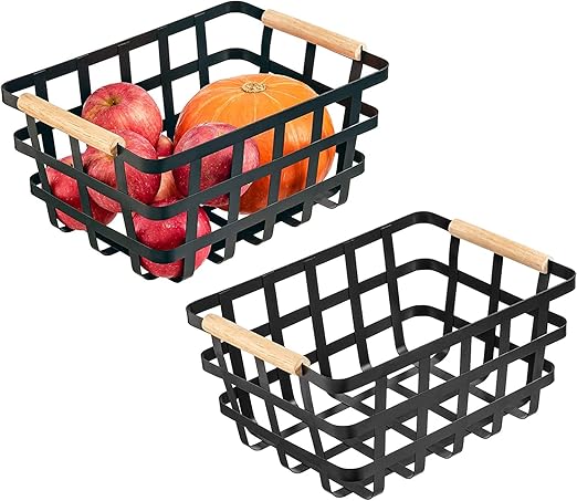Farmhouse Baskets Wire Metal Baskets Storage Organizer Fruit Bin with Wood Handles for Pantry Cabinets Rustic Kitchen Counter Closet2 Pack - Black