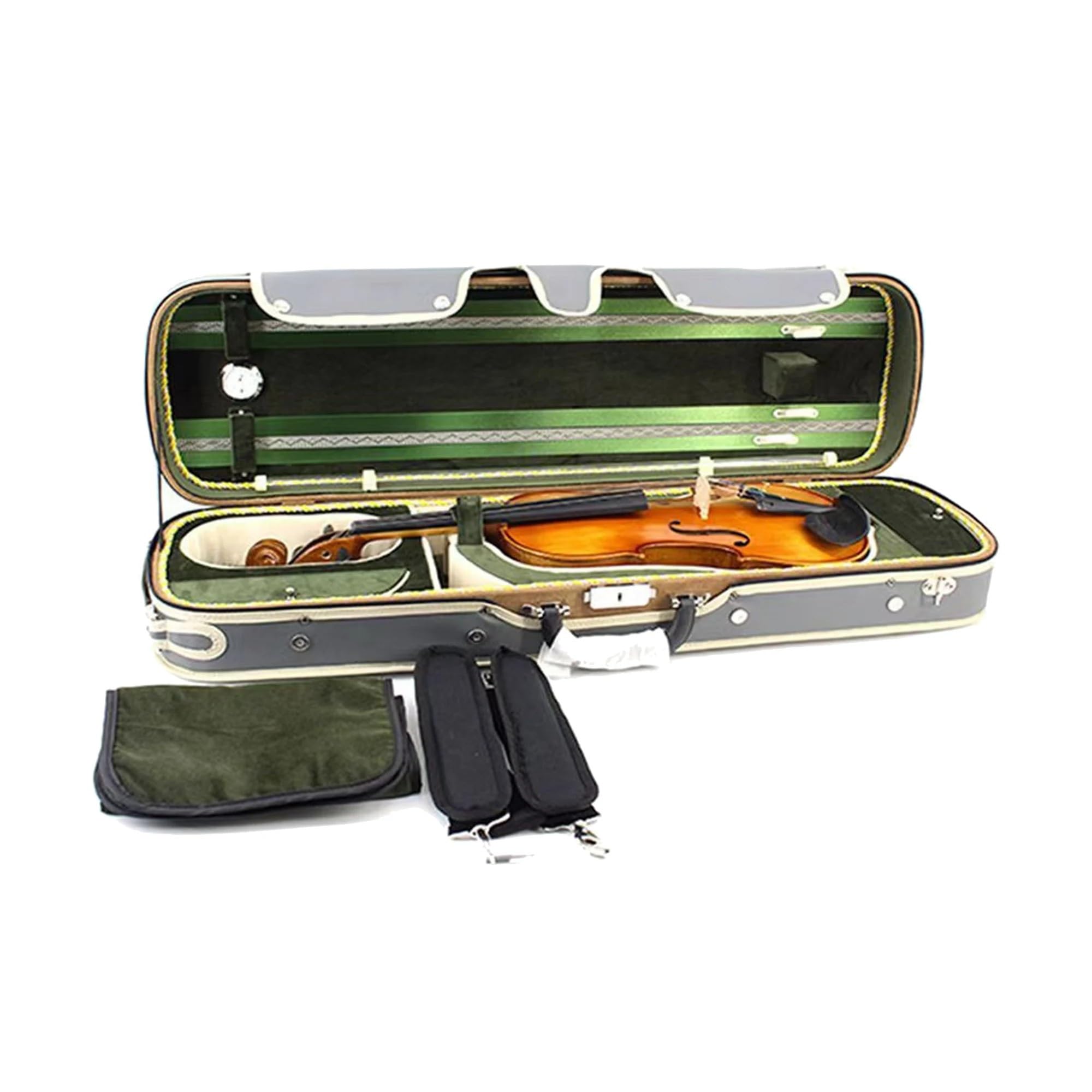 Estuche para violín Estuche rectangular de alta gama for violín con termómetro incorporado, tamaño 4/4, piel sintética gris y correa verde(Size 1-4)