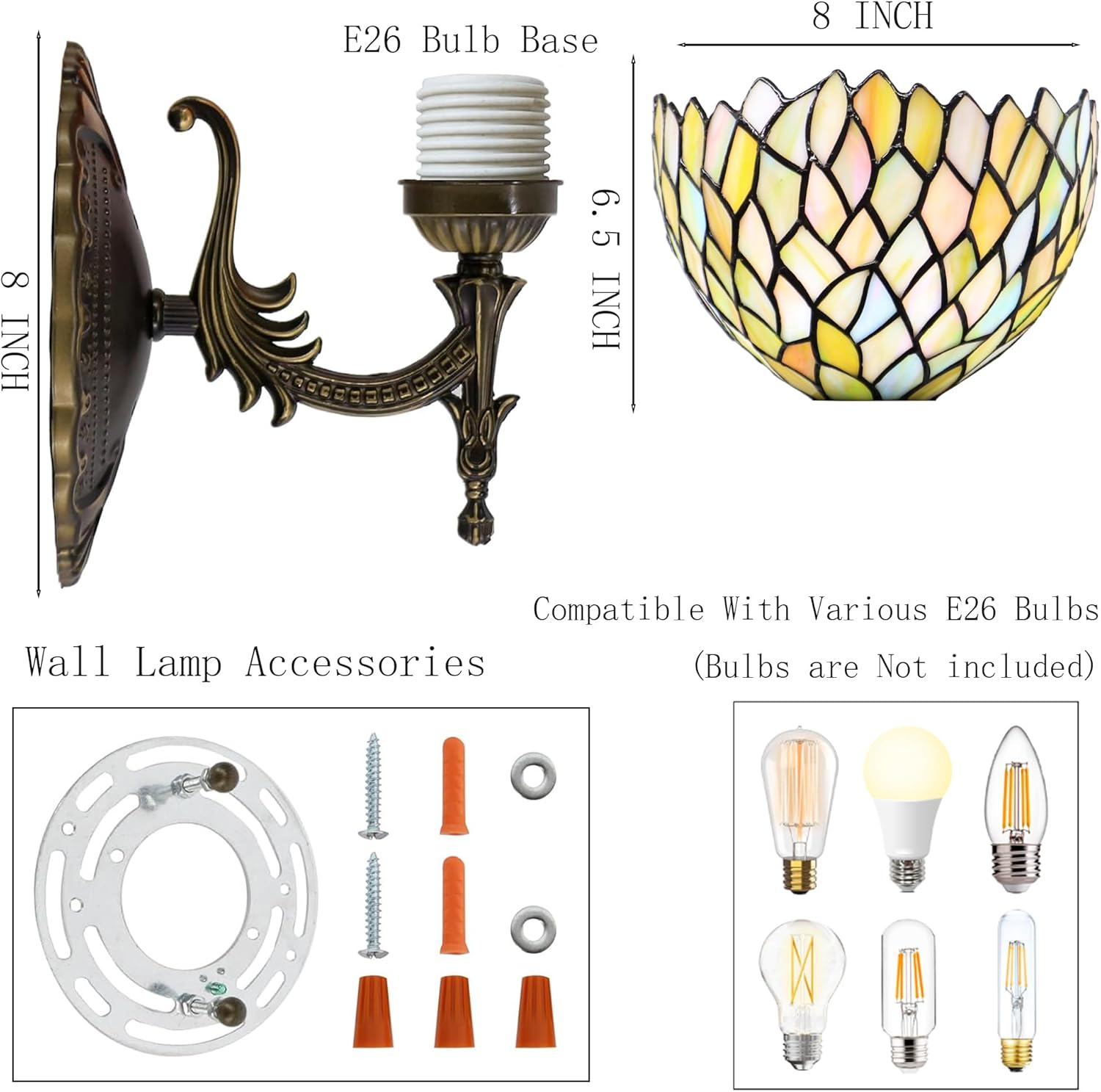 Tiffany Sconce Lamp Stained Glass Wall Lamp,8X10.5X11 Inch Plug in Wall Bedside Light for Hallway Bedroom (Seven Color Wisteria)