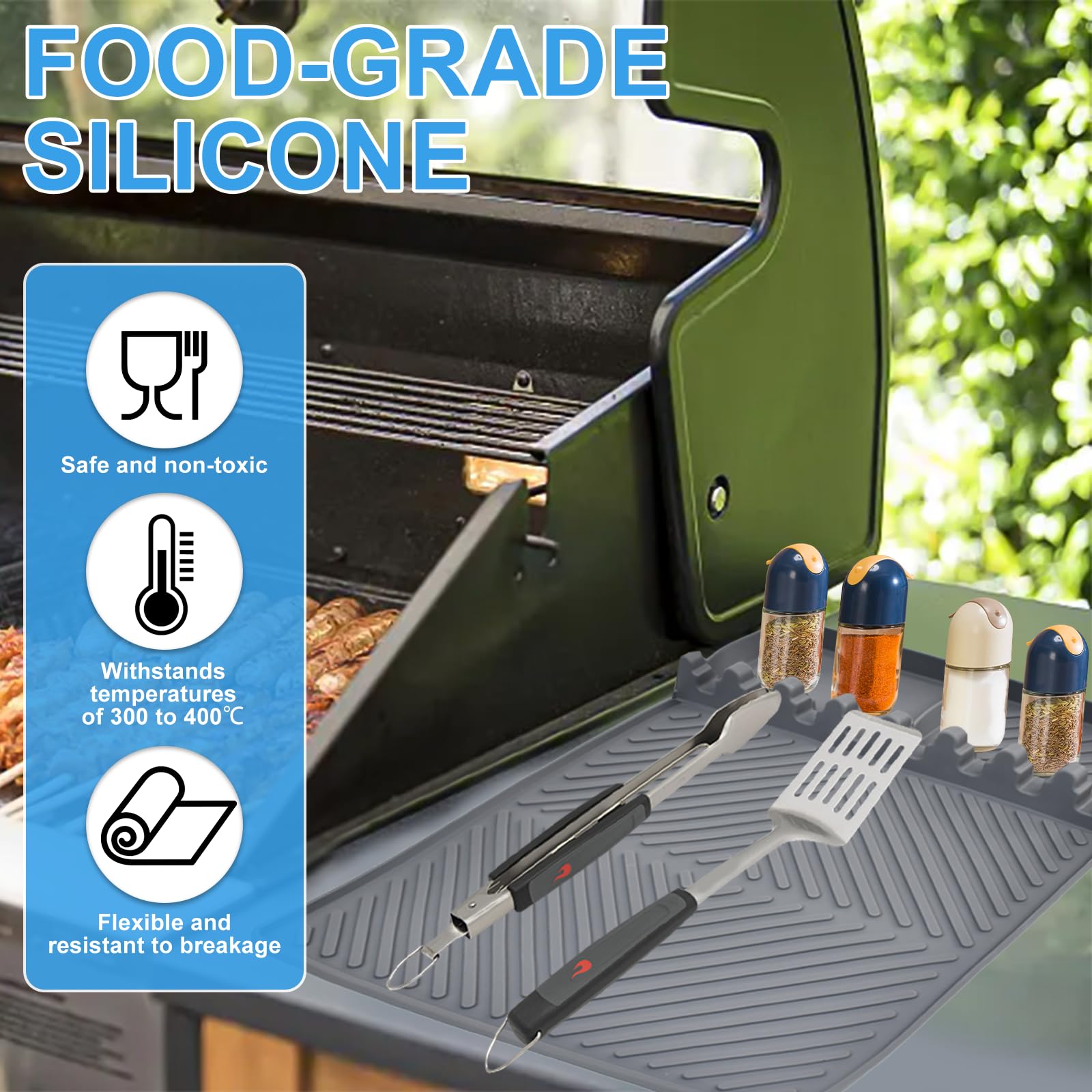 Alfombrilla de Silicona para Parrilla de Barbacoa con 1 Cepillo Tapete de Silicona Alimentaria para Estante Lateral de Barbacoa para Tener Utensilios a Mano y Mantener Ordenado y Limpio