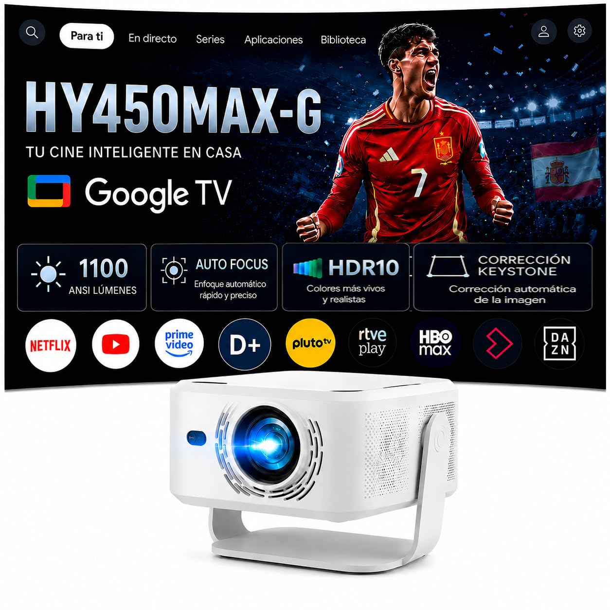 Proyector 4K | Google TV Certificado | 1080P Nativo Full HD | 1100 ANSI Lúmenes | Auto Focus & Keystone | HDR10 | WiFi 6 | Bluetooth 5.2 | Compatible Chromecast & Fire Stick | Cine y Gaming