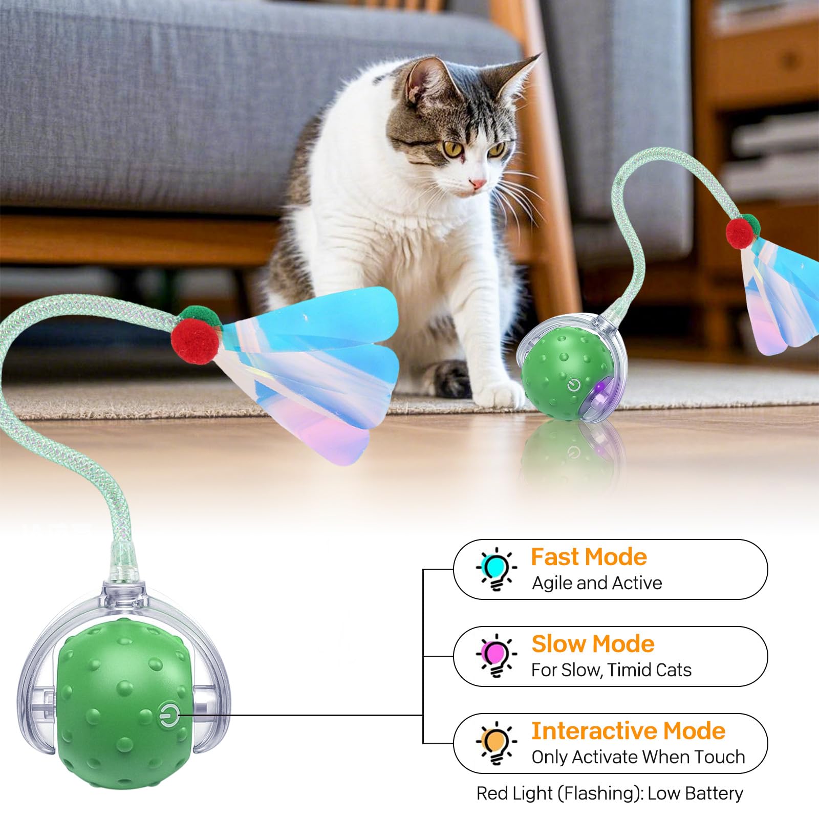 Vtizikl Interactive Cat Toy for Indoor Cats & Kittens - Active Rolling Ball with Tail, Engaging Playtime Toy for Small Pets(Green) - Image 2