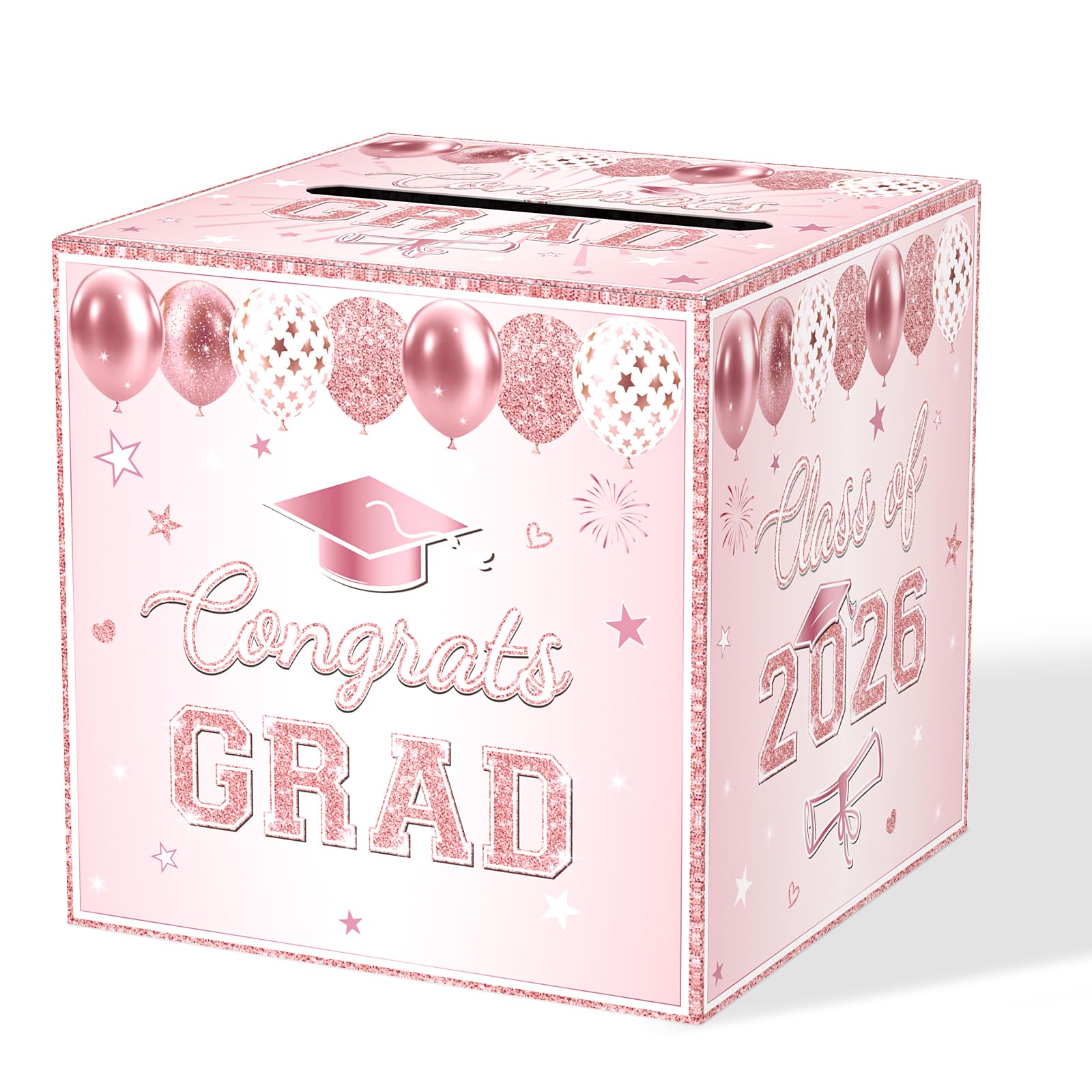 Pink Graduation Congrats Card Box, Class of 2026 Rose Gold Graduation Party Decorations Money Card Boxes Holder, Graduation Gift Card Box for Grad Parties Supplies 8.7 x 8.7 x 8.7 Inch