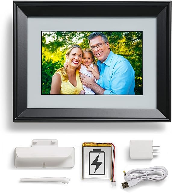 PhotoSpring 10in WiFi Digital Picture Frame with Battery, Email Family Photos to The Frame, or by App, Web. Easy Touch Screen Setup, 1280x800 Display, Plays Videos, Black