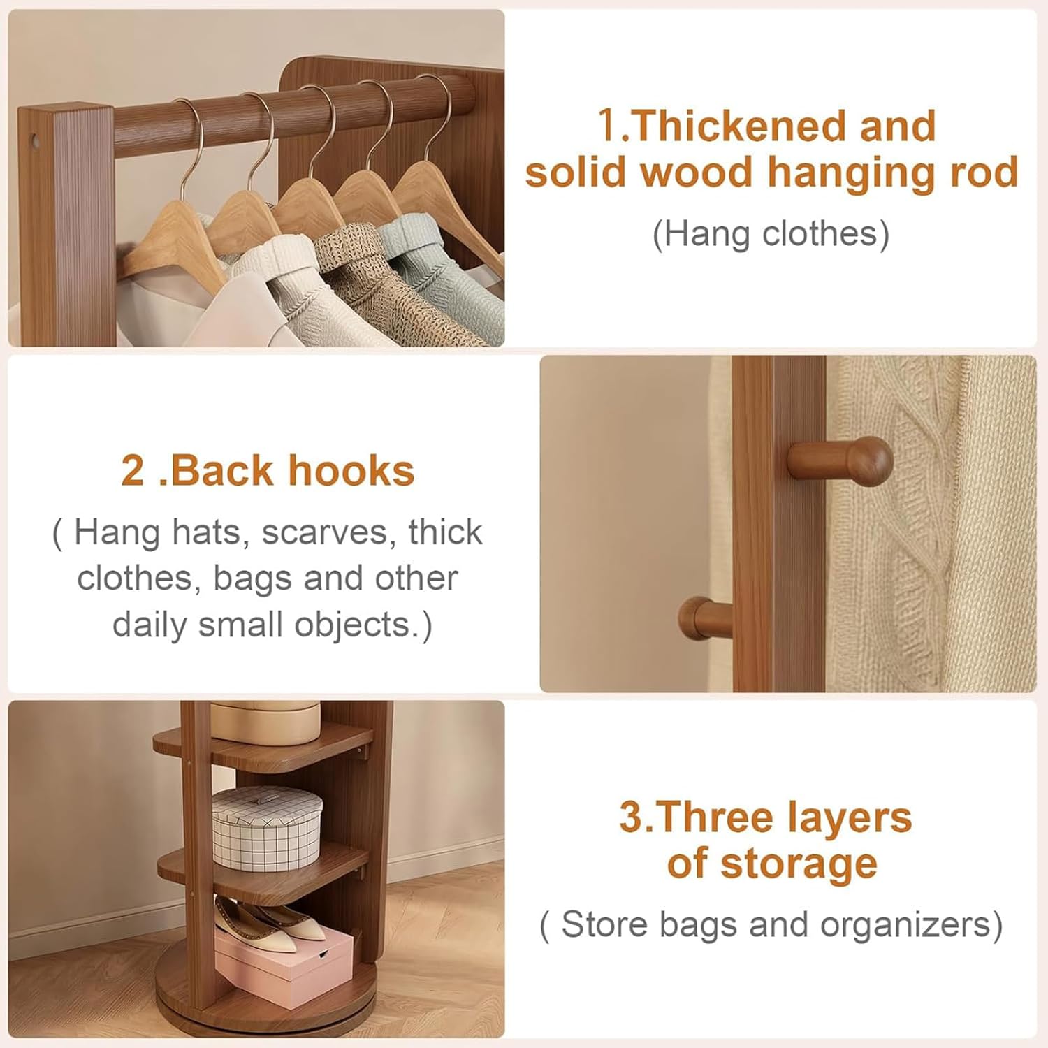 Floor-Standing Solid Wood Rotating Coat Rack，360° Rotating Full Length Mirror with Coat Rack - Solid Wood Freestanding Dressing Mirror, Large Clothes Hanger with Hooks for Living Room & Bedr