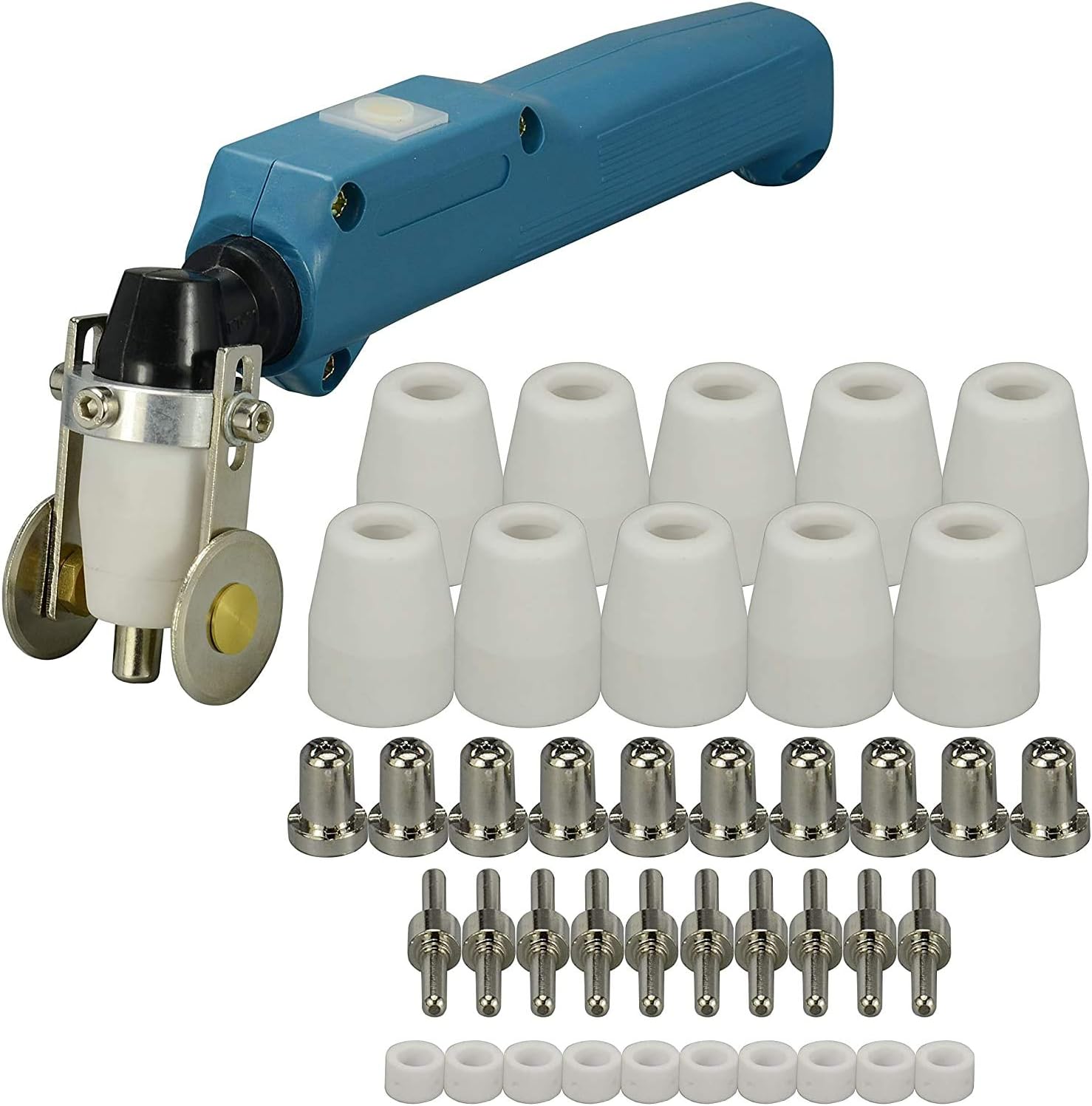 PT-31 LG-40 Plasma Cutter Torch Body 20072 Roller Guide Wheel Spacer & Electrode 18205L Tips Nozzle 18866L Extended Nickel-Plated Shroud Cups 18204 kit for CUT-50D 40 50 CT312 42pcs