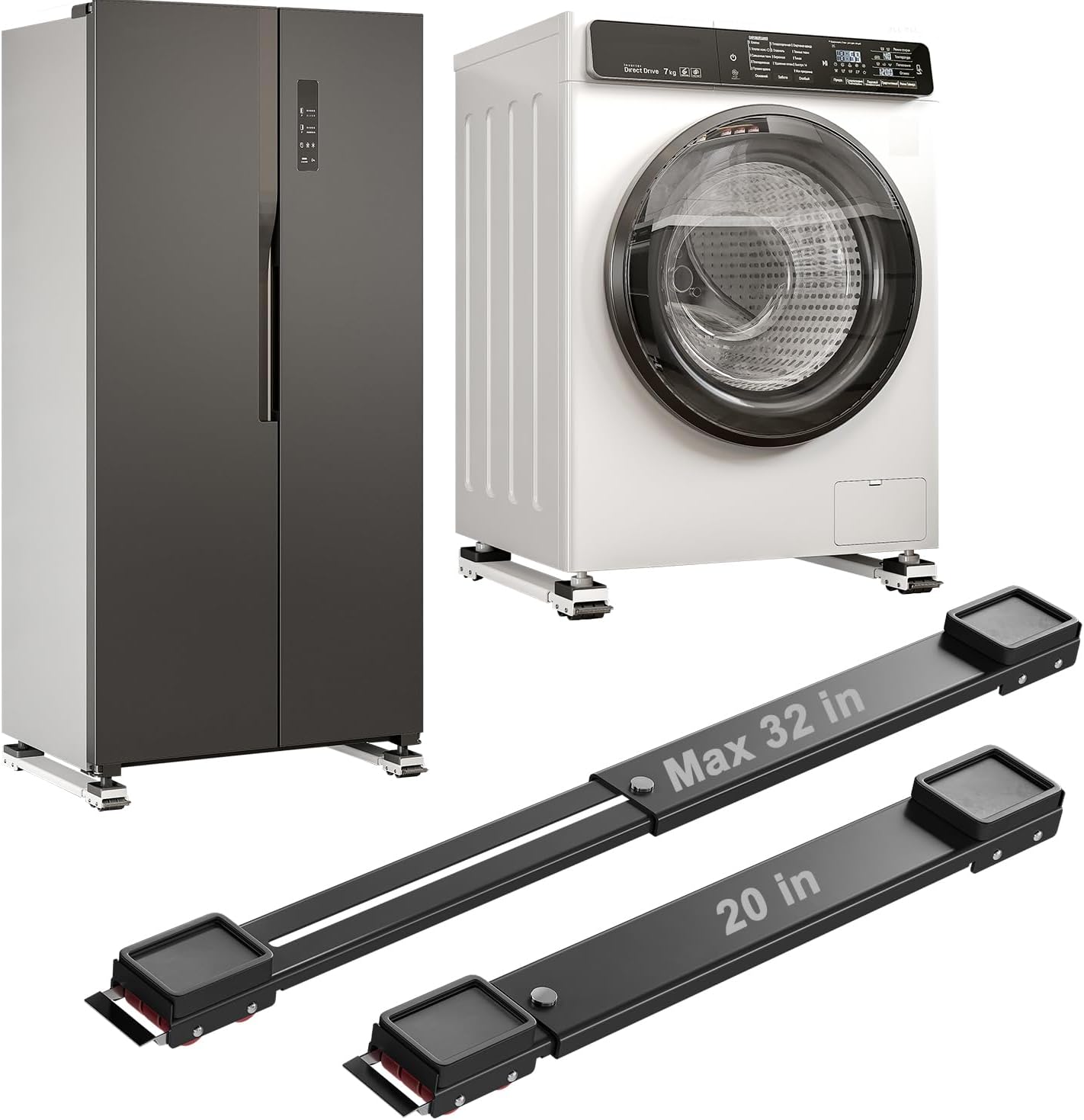 Appliance Rollers Heavy Duty 20-32in New Generation Extendable Appliance Rollers Anti Slip Mobile Washing Machine Base Easily Move Dryers, Refrigerators, Furniture (Black-Upgrade wheel)