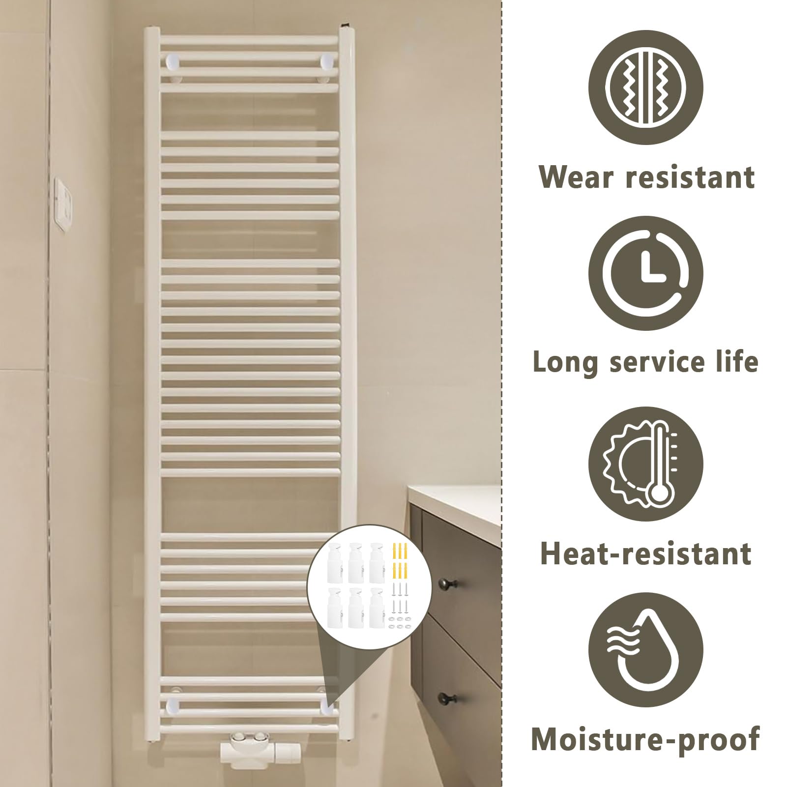 6 Piezas Soporte Toallero Electrico, Soporte Para Toallero Radiador, Soporte Radiador Pared Ajustable, Soporte de Montaje de Radiador para Baño, Compatible con Radiadores Rectos y Curvos, Blanco