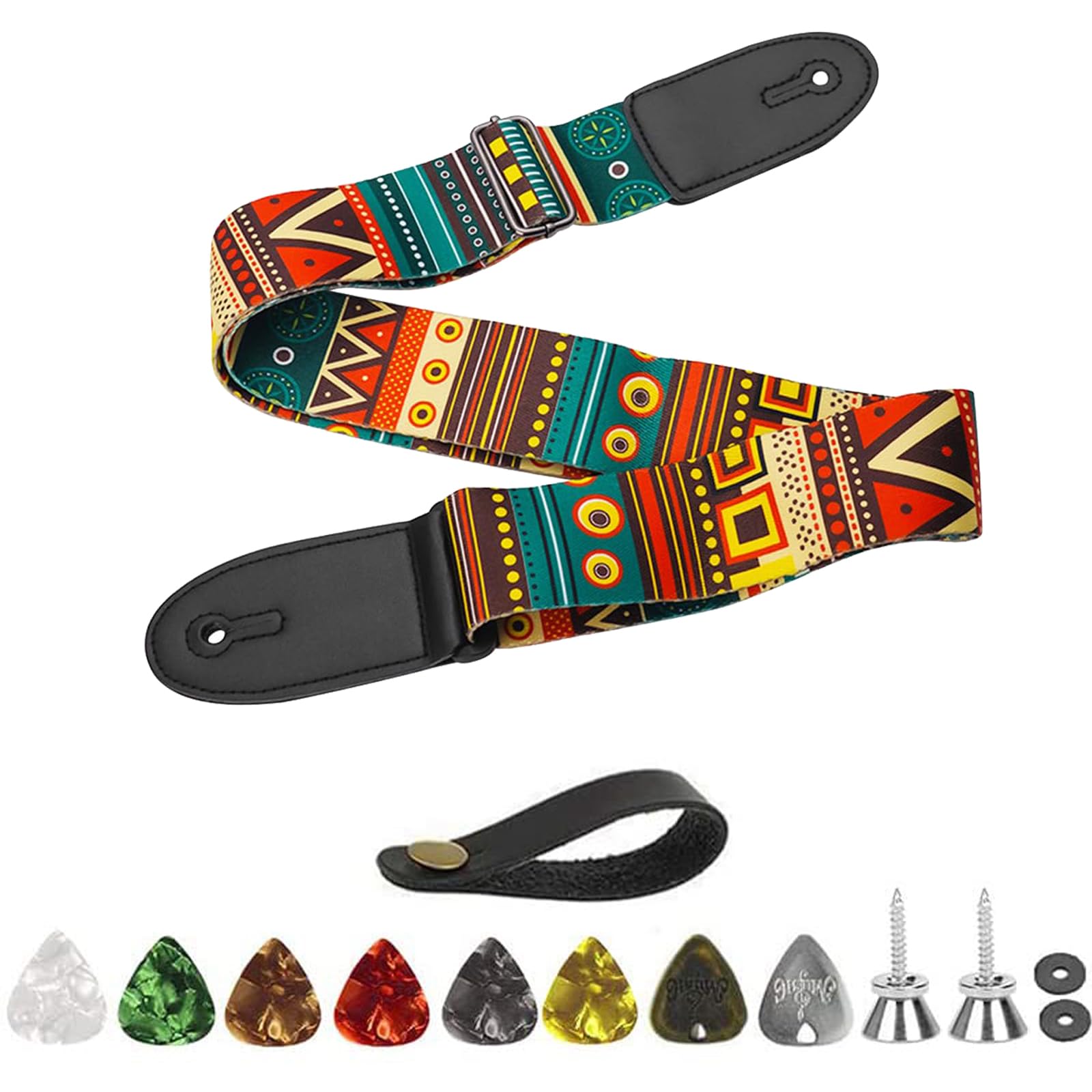 BetterJonny Adjustable Guitar Strap with Leather Ends and Strap Locks for Electric Bass and Acoustic Guitar (Ethnic Style)