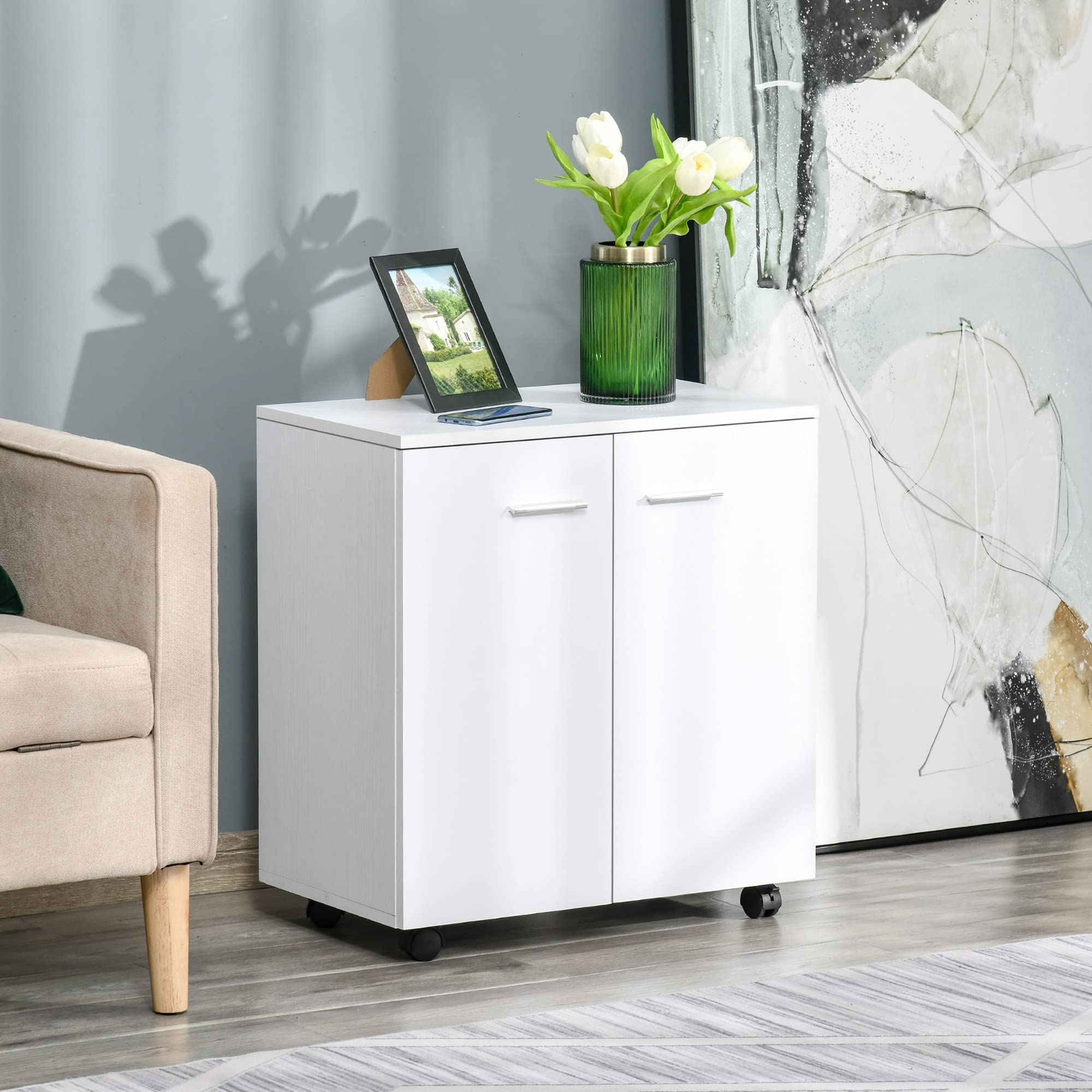 HOMCOM Meuble de Rangement Buffet Bas sur roulettes avec 2 Portes étagère Interne pour Salon, Chambre, Bureau 60 x 35 x 65 cm Blanc