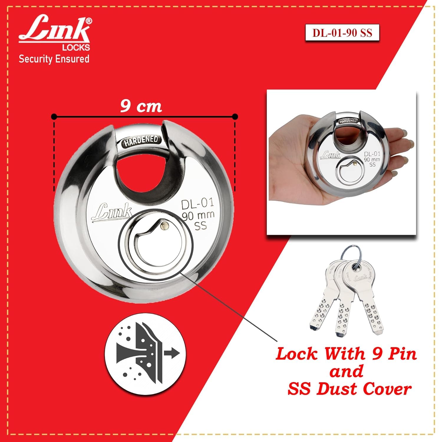Link® Hi-Tech 90mm Round Padlock | Stainless Steel Body | Hardened Shackle | 3 Silver Keys with Hi-Tech Nickle | | Made in India, Pack of 2 — Amazon image 3