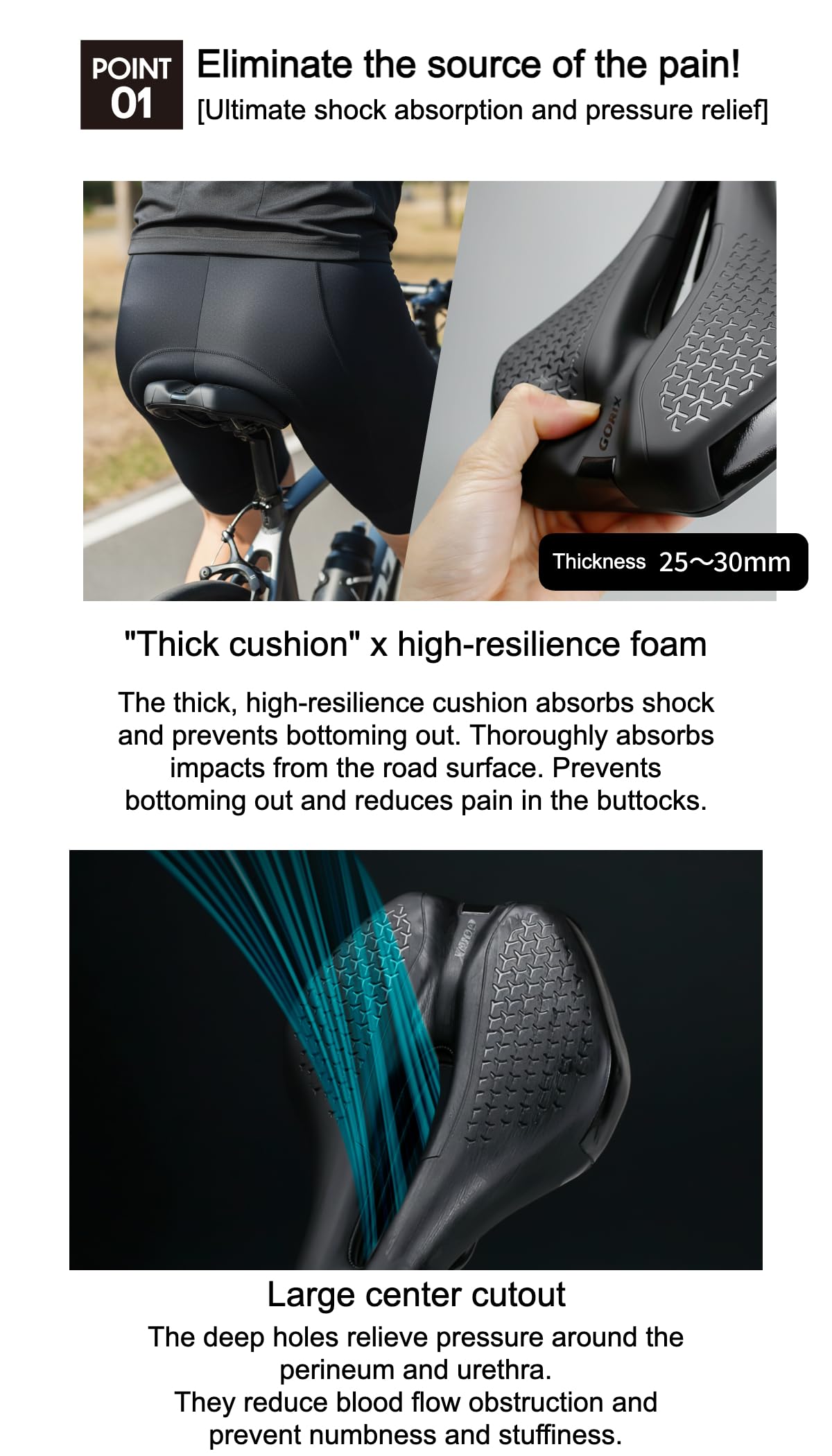 GORIX Asiento de sillín de bicicleta grueso y cómodo, nariz corta, absorción de impactos, bicicleta de carretera de montaña (ADV-ShortFly210)