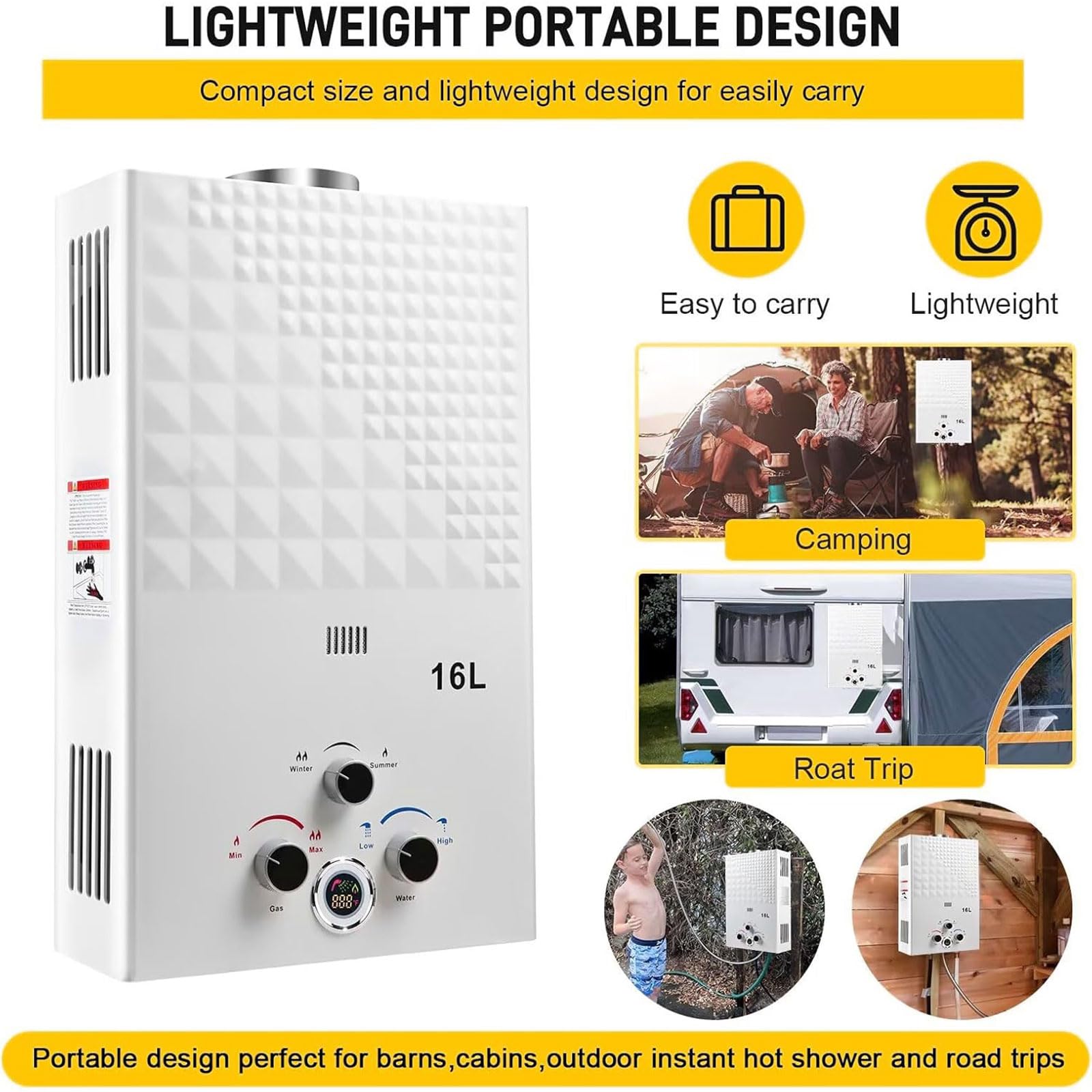 Scaldabagno a Gas 16L, All'aperto Portatile Scaldabagno Istantaneo a Propano Con Display Digitale Multi-Protezione Parete senza Serbatoio Scaldacqua Istantaneo Automatico(Bianco)