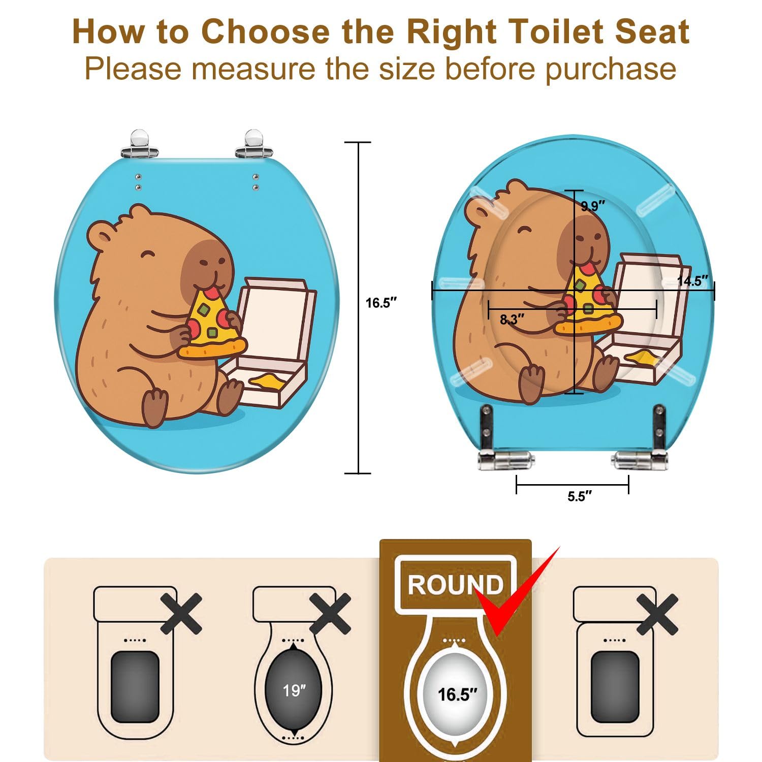 Round Toilet Seat Cute capybara character eating pizza Resin Toilet Seat Quietly Close Quick Release Hinges with Cover Bumpers Decorative Easy to Install Clean