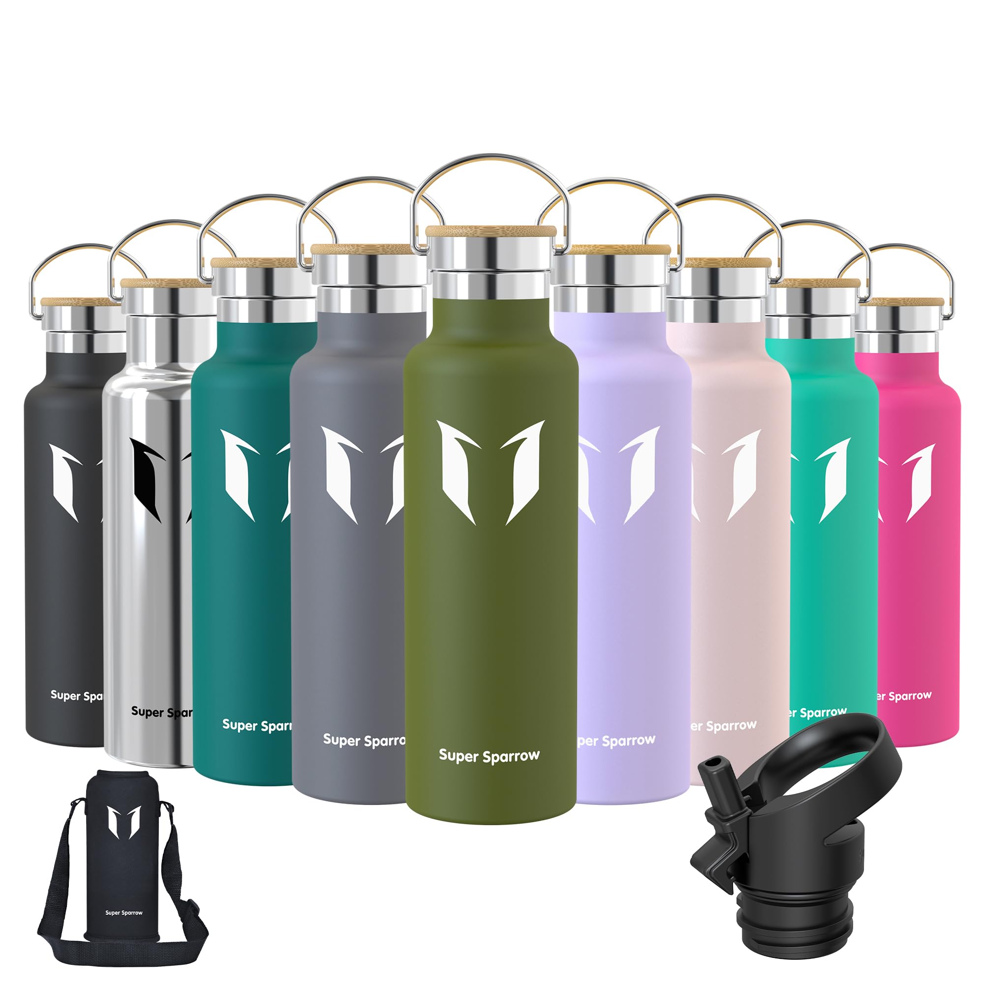 Super Sparrow Water Bottle Stainless Steel - 620ml - Insulated Metal Water Bottles - Standard Mouth Flask - BPA Free - Straw Bottle for Work, Gym, Sports - 2 Lids โ image 1