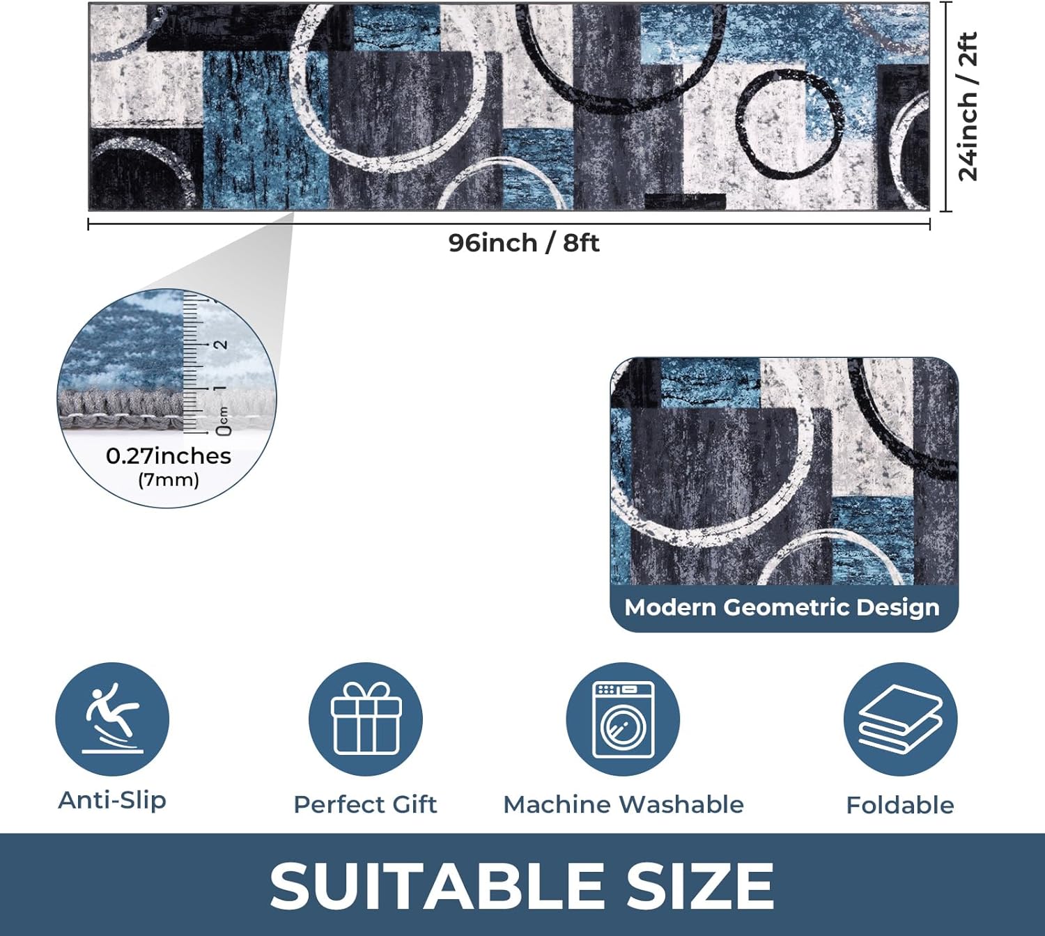 Yamaziot Modern Runner Rugs for Hallway, 2x8 Washable Kitchen Rug with Rubber Backing Non-Slip Stain Resistant Abstract Throw Carpet for Entryway, Bedroom, Laundry (Blue, Geometric Circle)