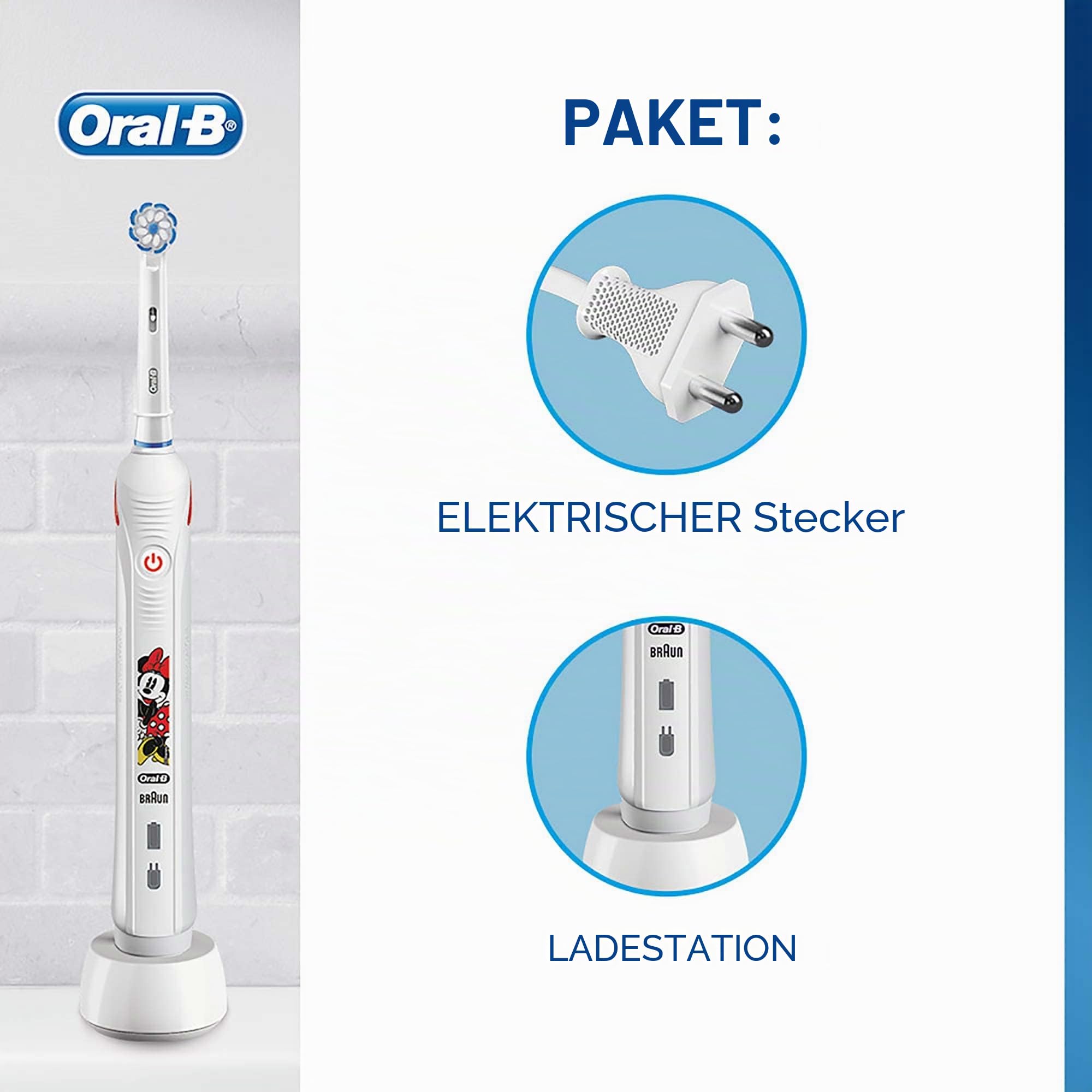 Oral-B Junior Minnie Mouse Elektrische Zahnbürste für Kinder ab 6 Jahren, weiche Borsten & visuelle Andruckkontrolle für extra Zahnfleischschutz, 2 Putzprogramme inkl. Sensitiv, Timer, weiß
