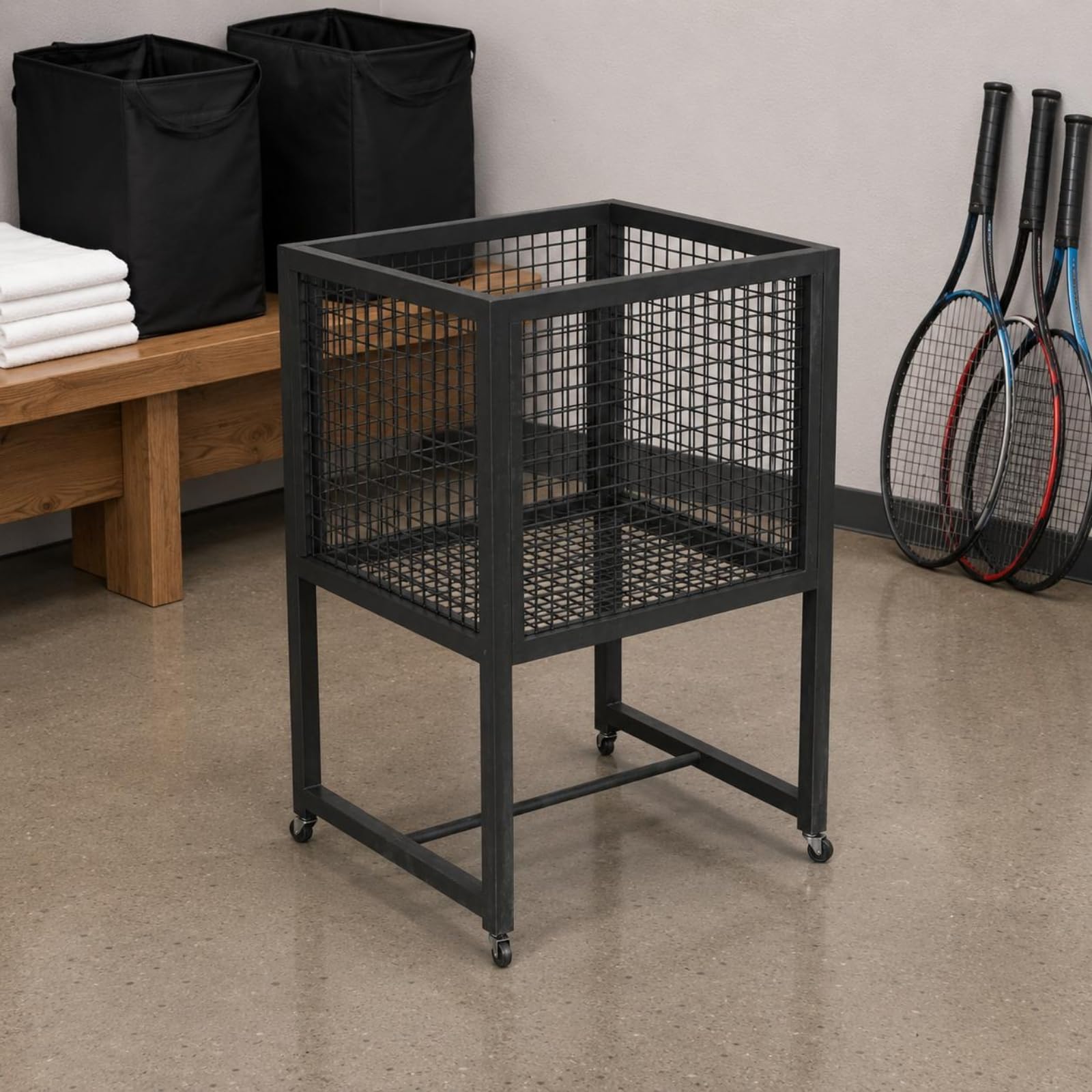 Carrello da Tennis Portatile Porta Palline Tennis con Ruote Cestino Rete Struttura Aperta Compatto 50cm×45cm Adatto per Allenamento in Sportivi Scuole