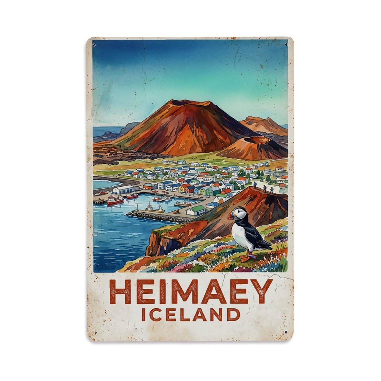 Vintage Travel Heimaey Iceland Volcanic Metal Tin Sign
